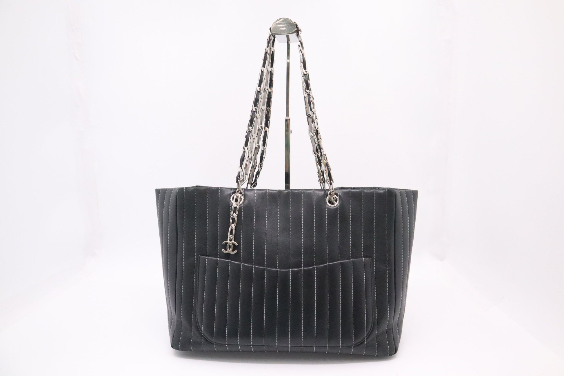 Chanel Mademoiselle Striped Black Leather Tote Bag