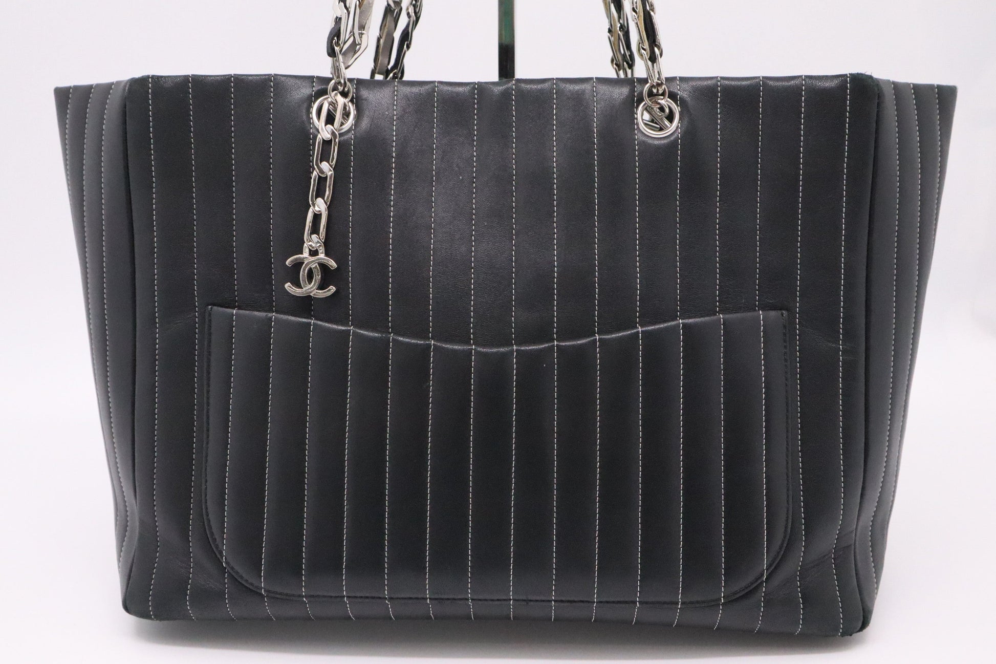 Chanel Mademoiselle Striped Black Leather Tote Bag