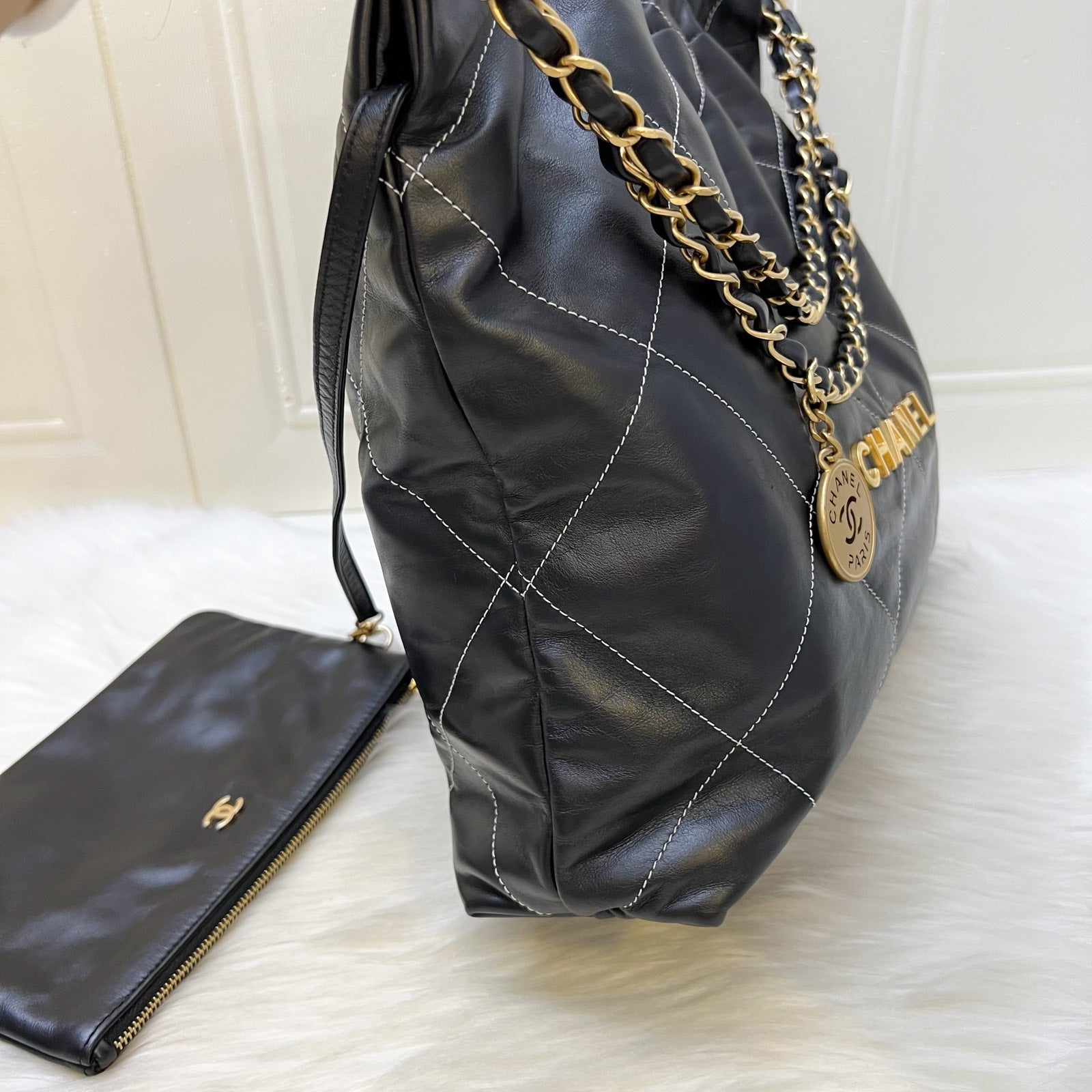 Chanel 22 Medium Hobo Handbag in Black Calfskin with White Stitch Quilting and Aghw ( )