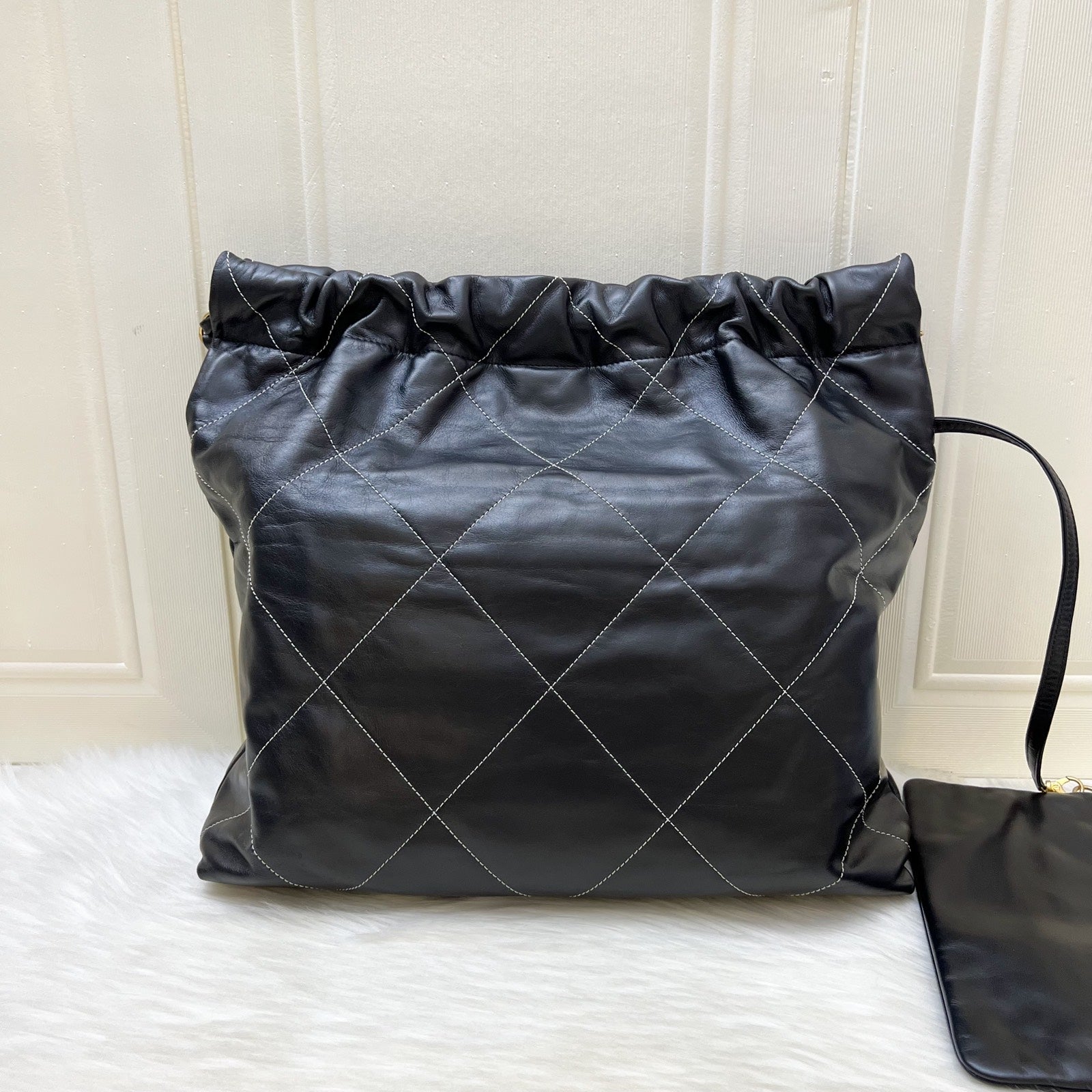 Chanel 22 Medium Hobo Handbag in Black Calfskin with White Stitch Quilting and Aghw ( )
