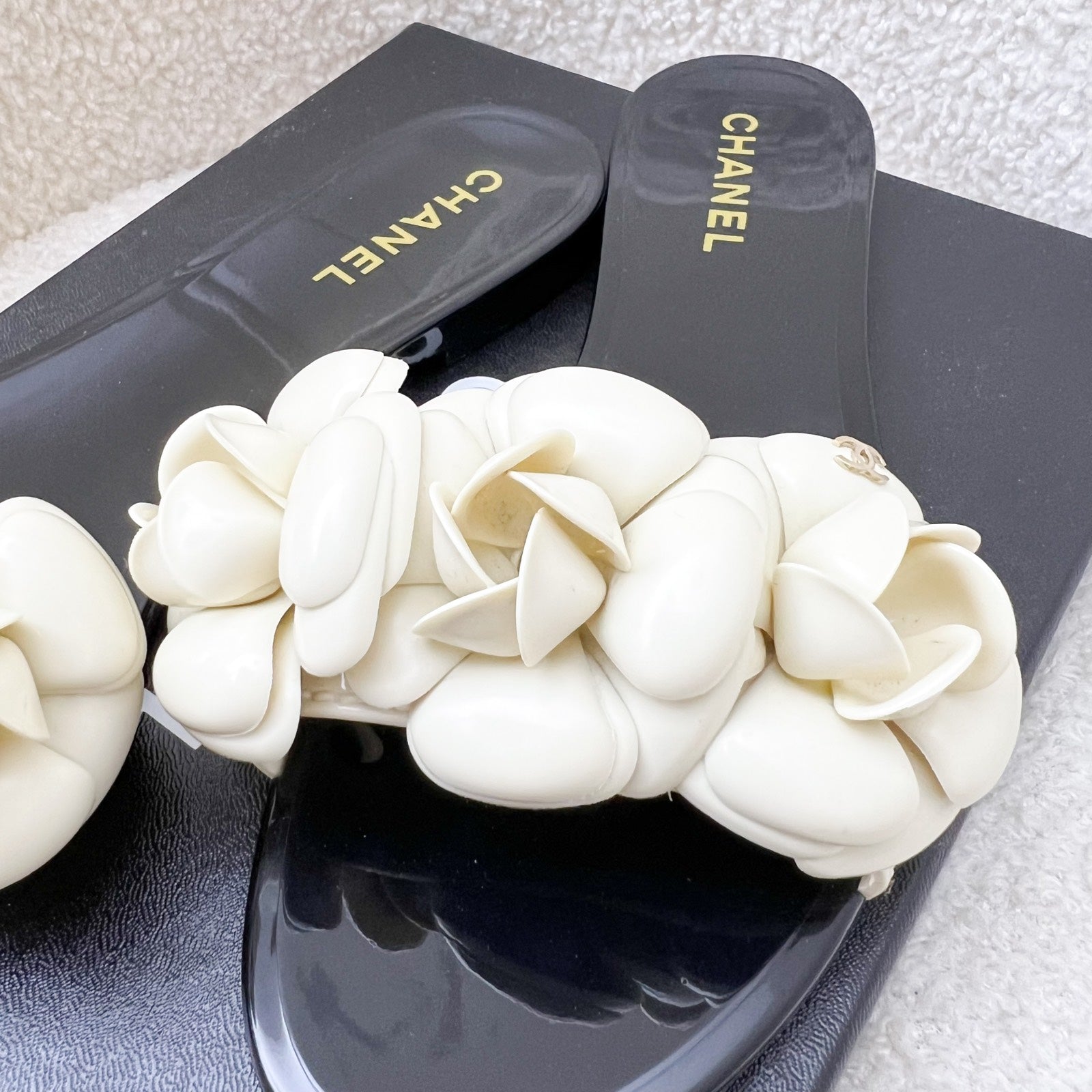 Chanel Camellia Flower Rubber Sandals Size 37 for Women