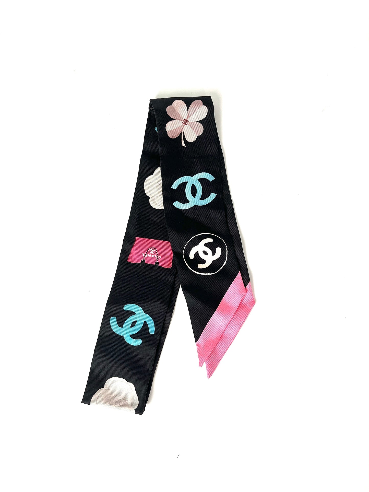 Chanel Black Print Dog CC Logo Camelia Thin Silk Bandeau Scarf Handbag