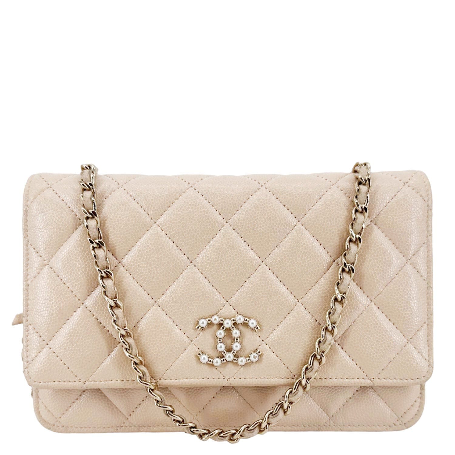 Chanel CC Pearl Caviar Quilted WOC Leather White Travel Bag