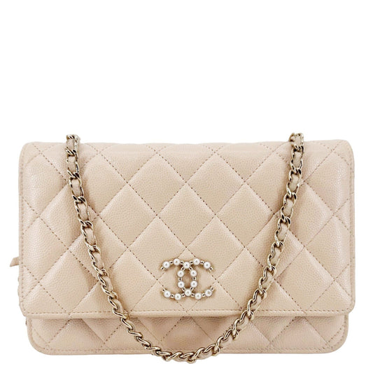 Chanel CC Pearl Caviar Quilted WOC Leather White Travel Bag