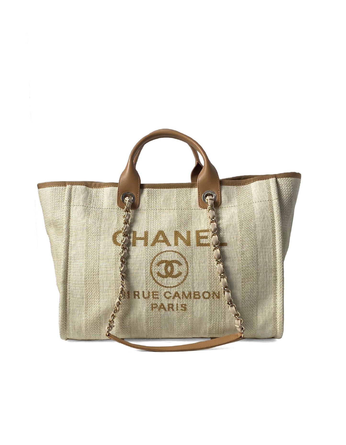 Chanel Beige Mixed Fibers Striped Large Deauville Tote