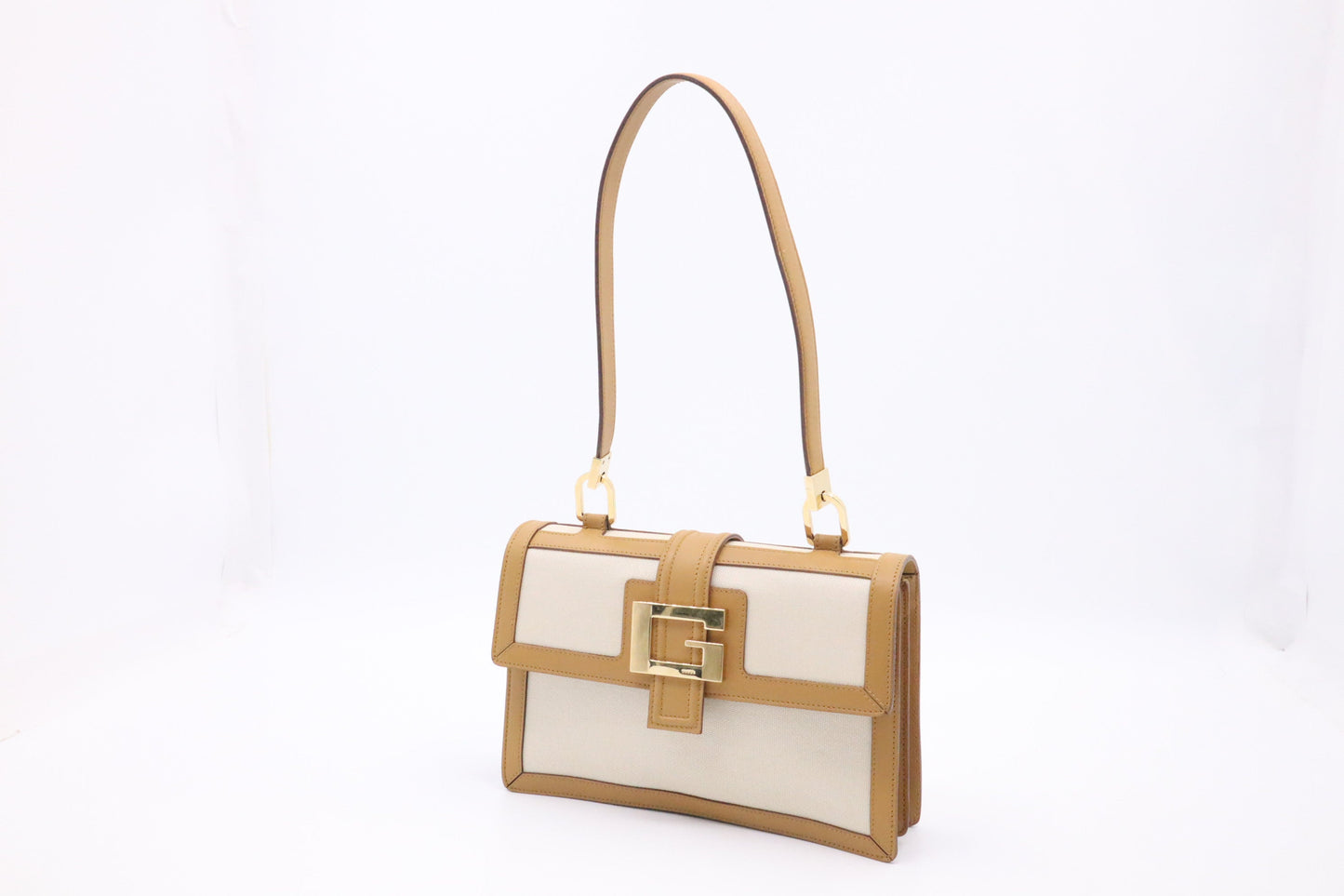 Gucci Cream Canvas Tan Leather Shoulder Bag