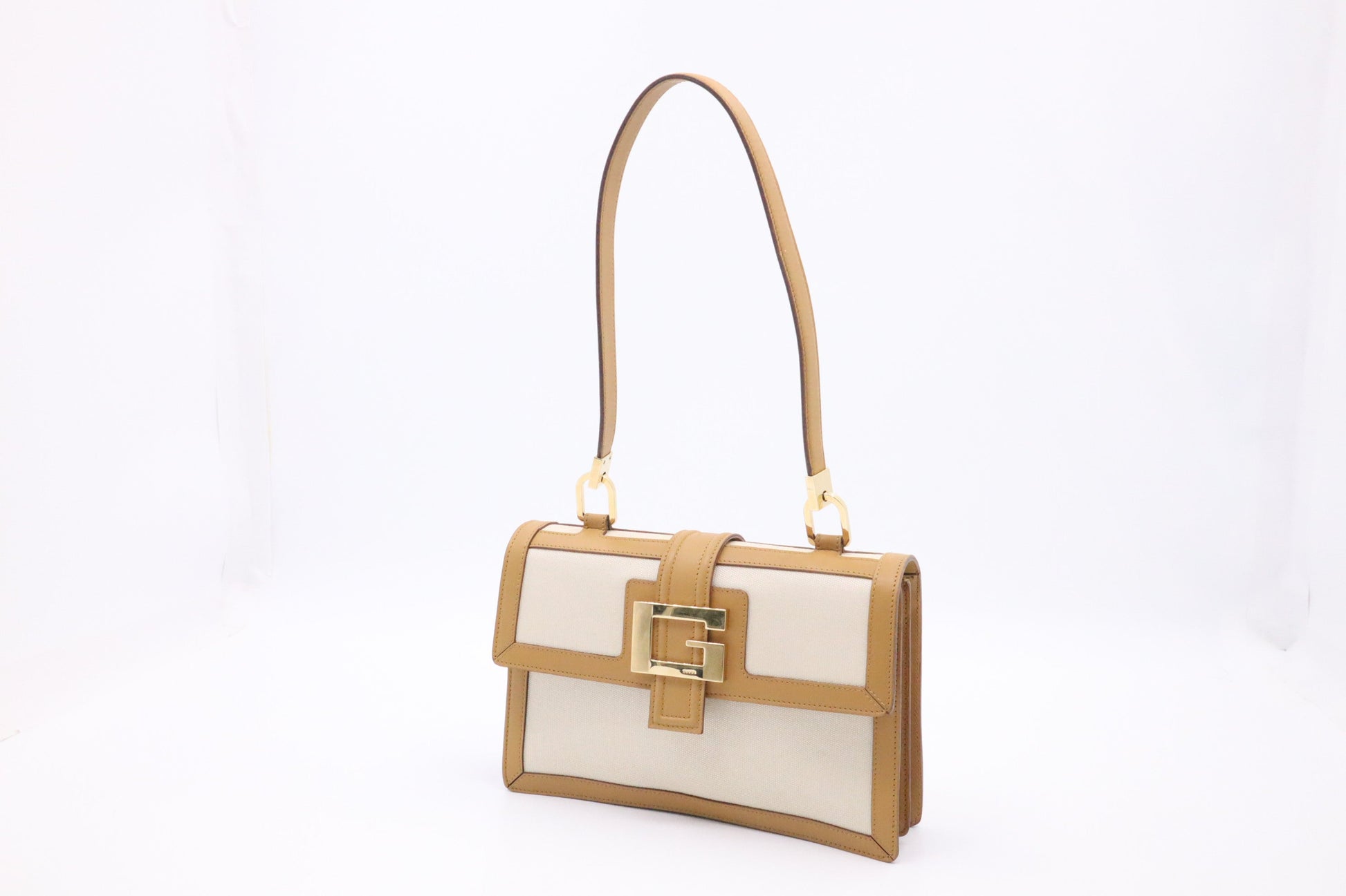 Gucci Cream Canvas Tan Leather Shoulder Bag