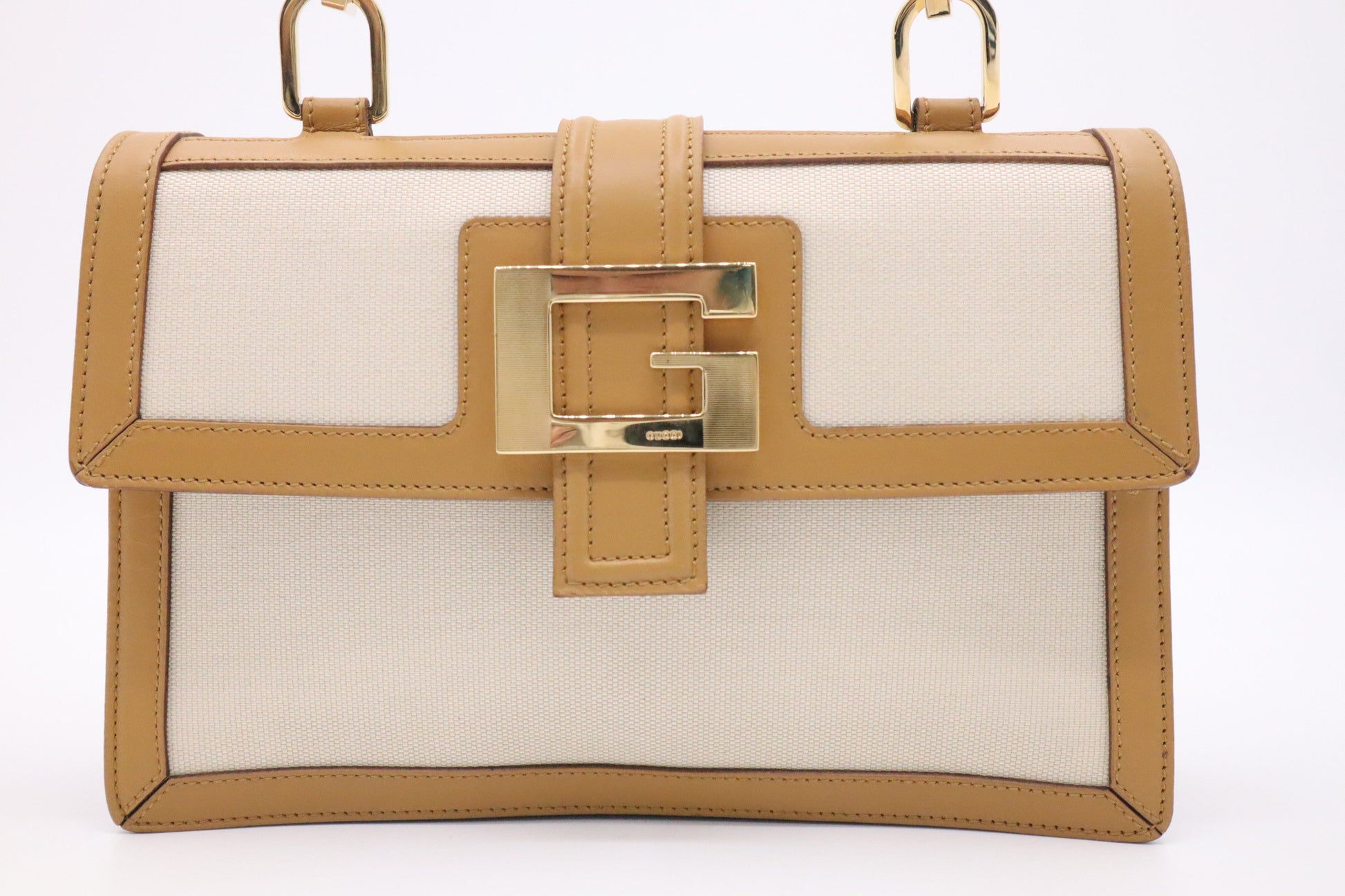 Gucci Cream Canvas Tan Leather Shoulder Bag