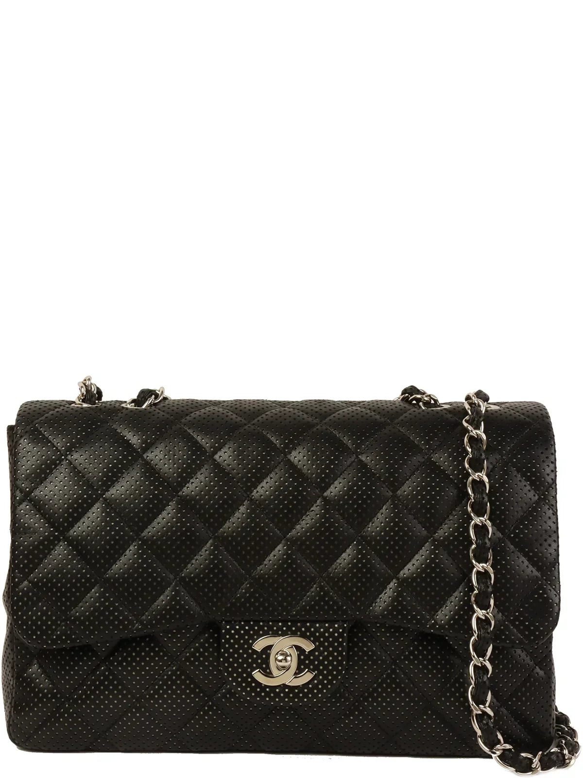 Chanel Around  Punching Leather Turn-Lock Chain Shoulder Bag Black