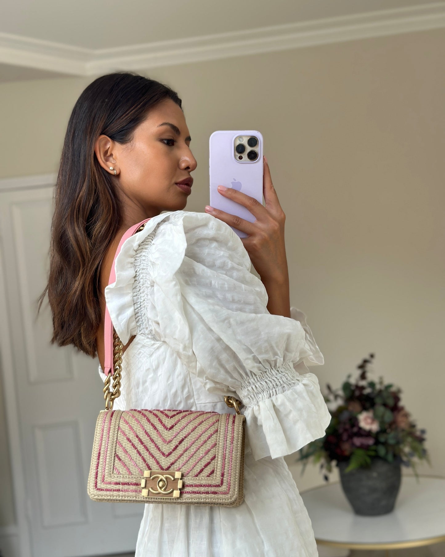 Chanel Small Raffia Boy Bag With Metallic Pink Chevron Stitch And Brushed Gold Hardware