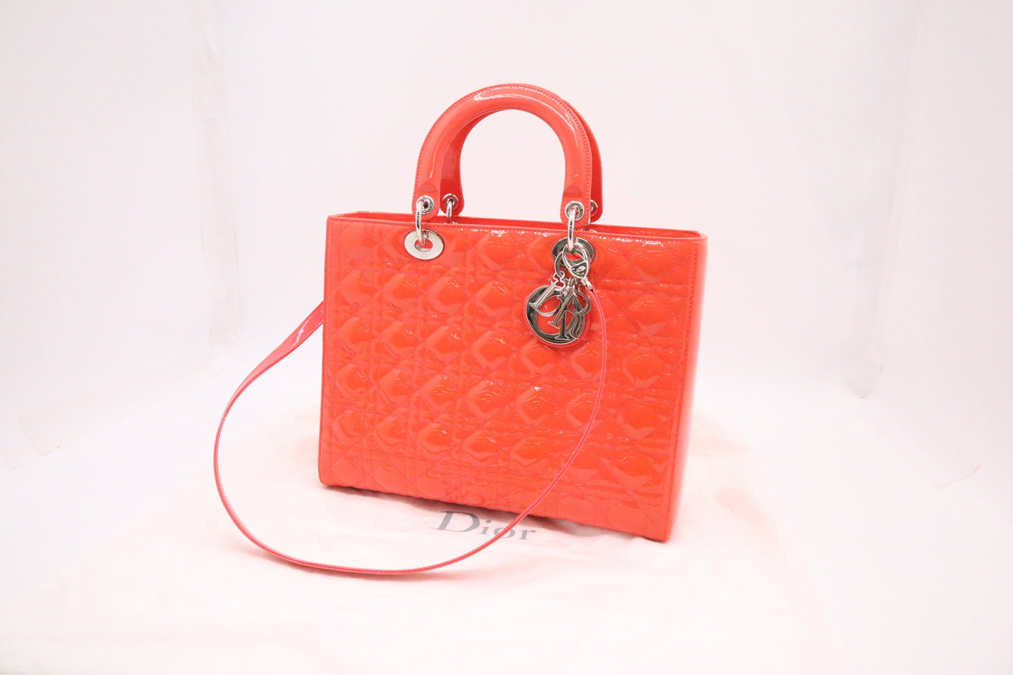 Dior Lady In Orange Cannage Patent Handbag Leather Large Travel Bag