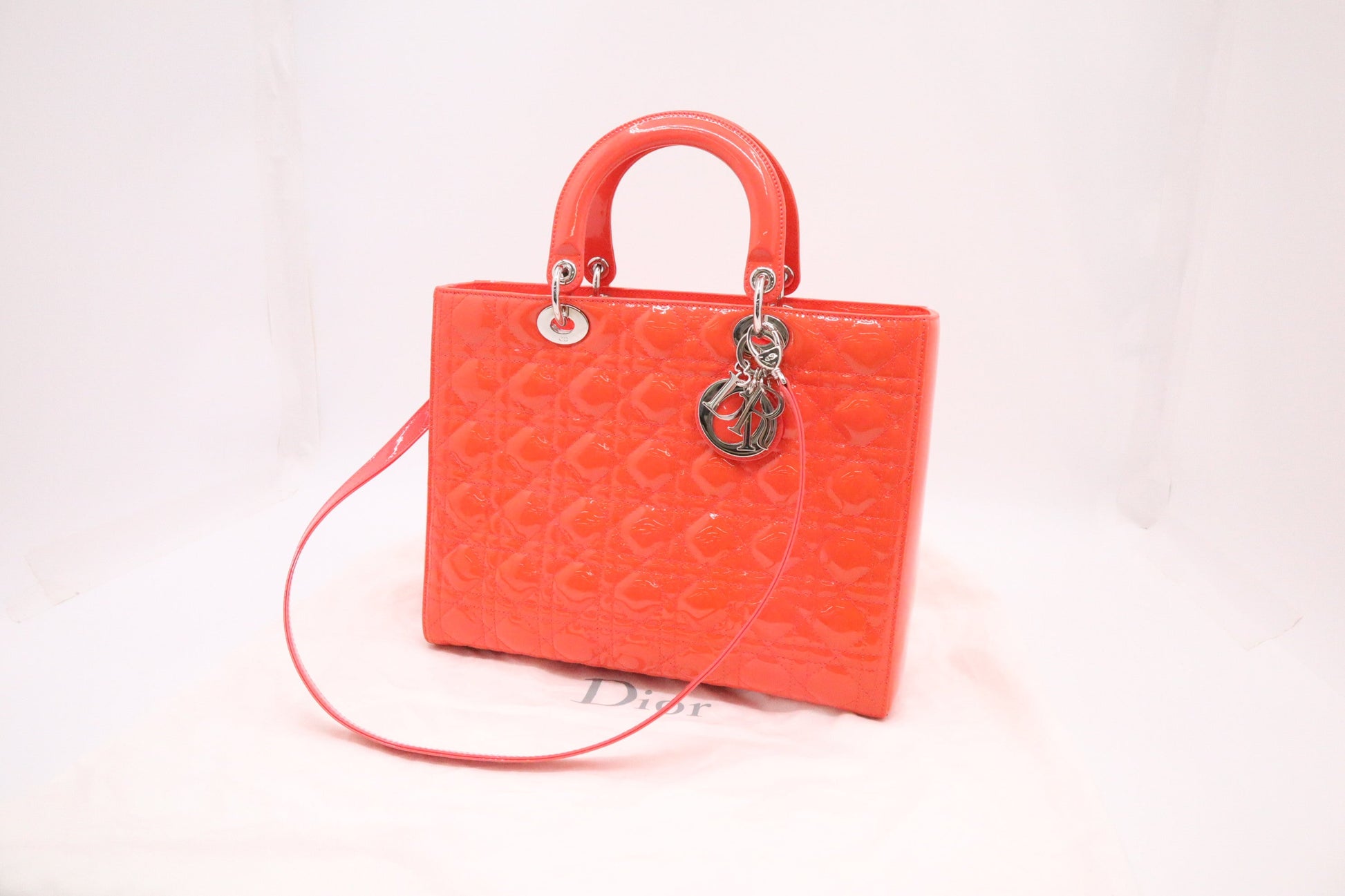 Dior Lady In Orange Cannage Patent Handbag Leather Large Travel Bag
