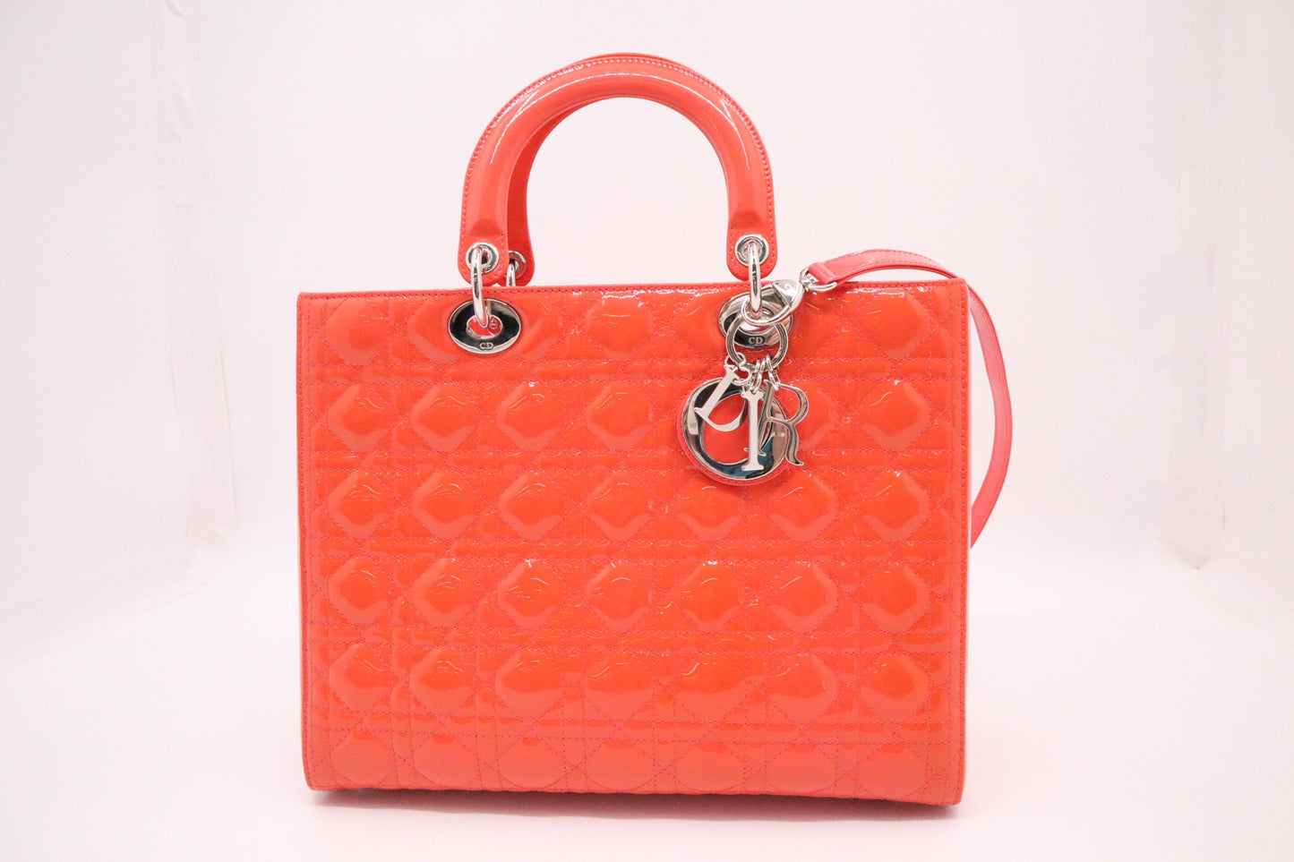 Dior Lady In Orange Cannage Patent Handbag Leather Large Travel Bag