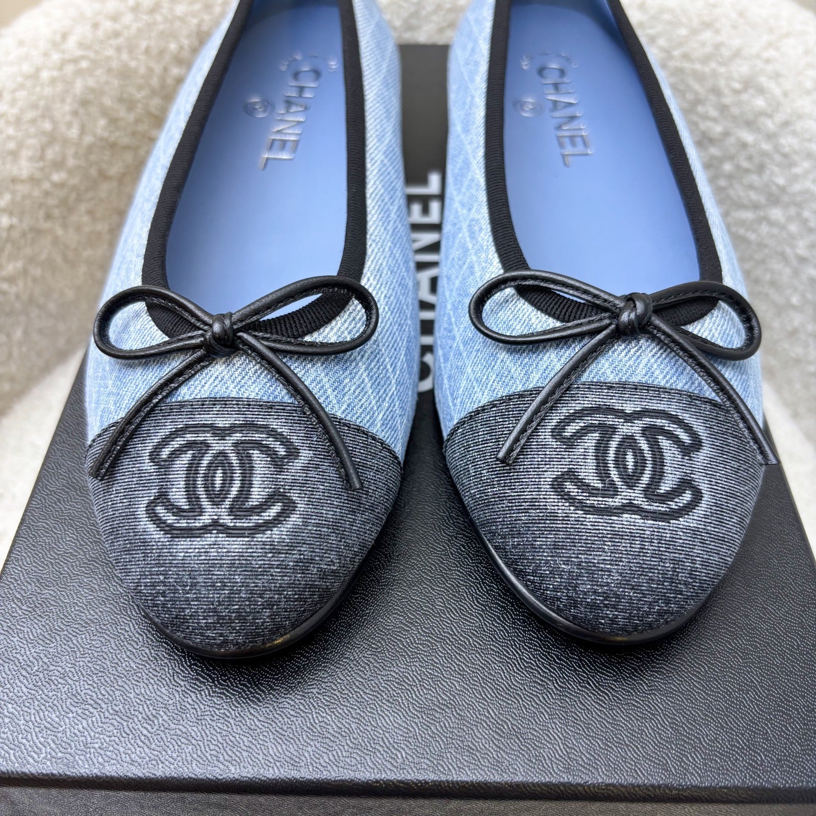 Chanel Classic Ballerina Pumps in Embroidered Light Blue Denim / Black Gosgrain Sz 37.5 for Women
