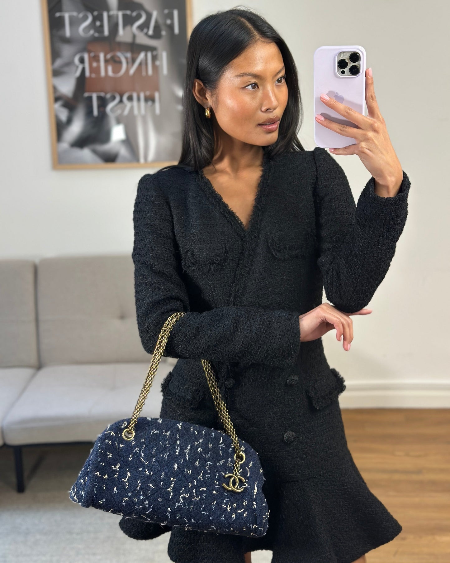 Chanel Navy Blue & White Tweed Mademoiselle with Antique Gold Hardware Women Shoes