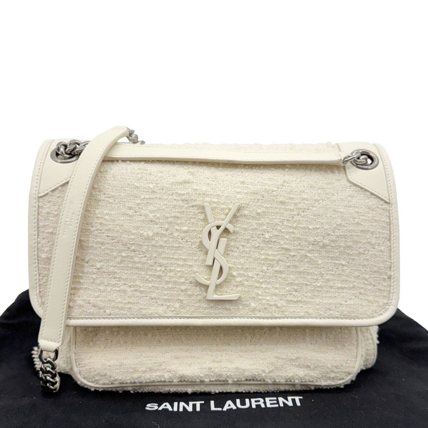 YSL Saint Laurent Yves Niki Tweed Crossbody Bag White Chain