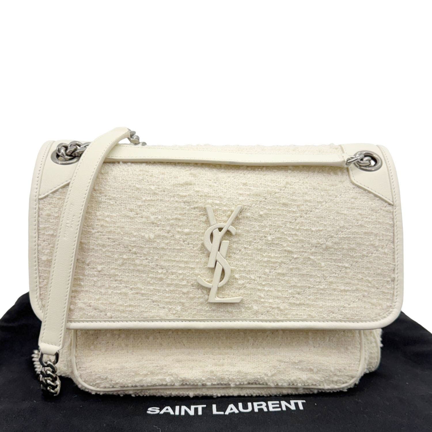 YSL Saint Laurent Yves Niki Tweed Crossbody Bag White Chain