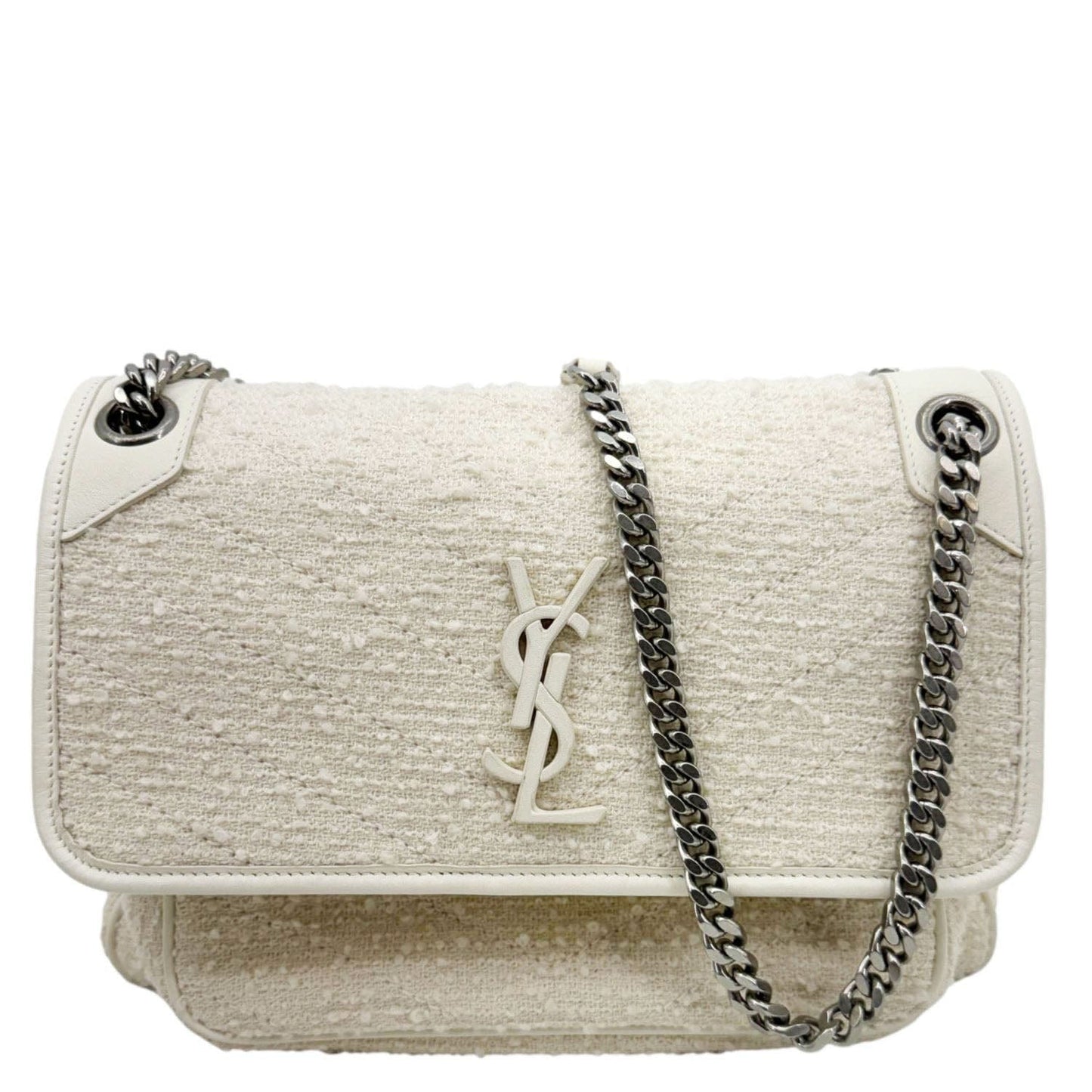 YSL Saint Laurent Yves Niki Tweed Crossbody Bag White Chain