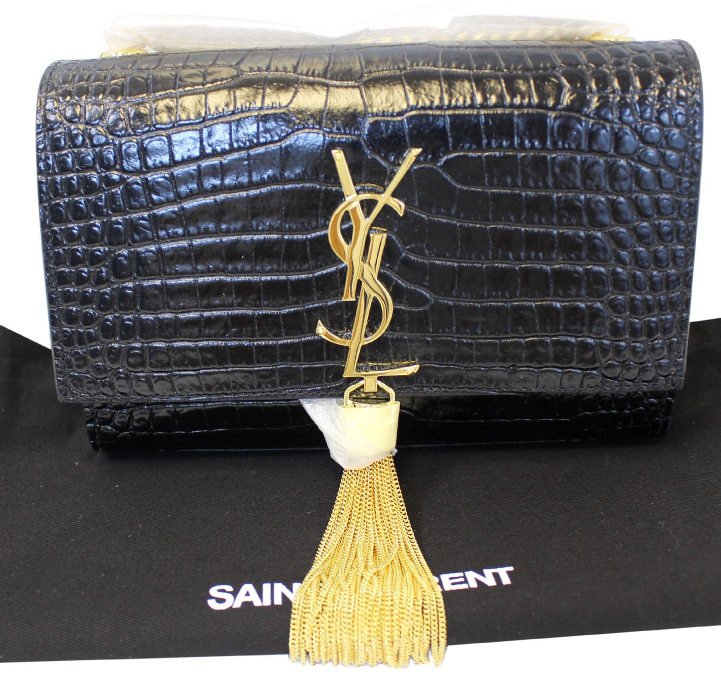 YSL Saint Laurent Yves Crocodile Clutch Crossbody Bag Leather Black Chain Clutch Bag