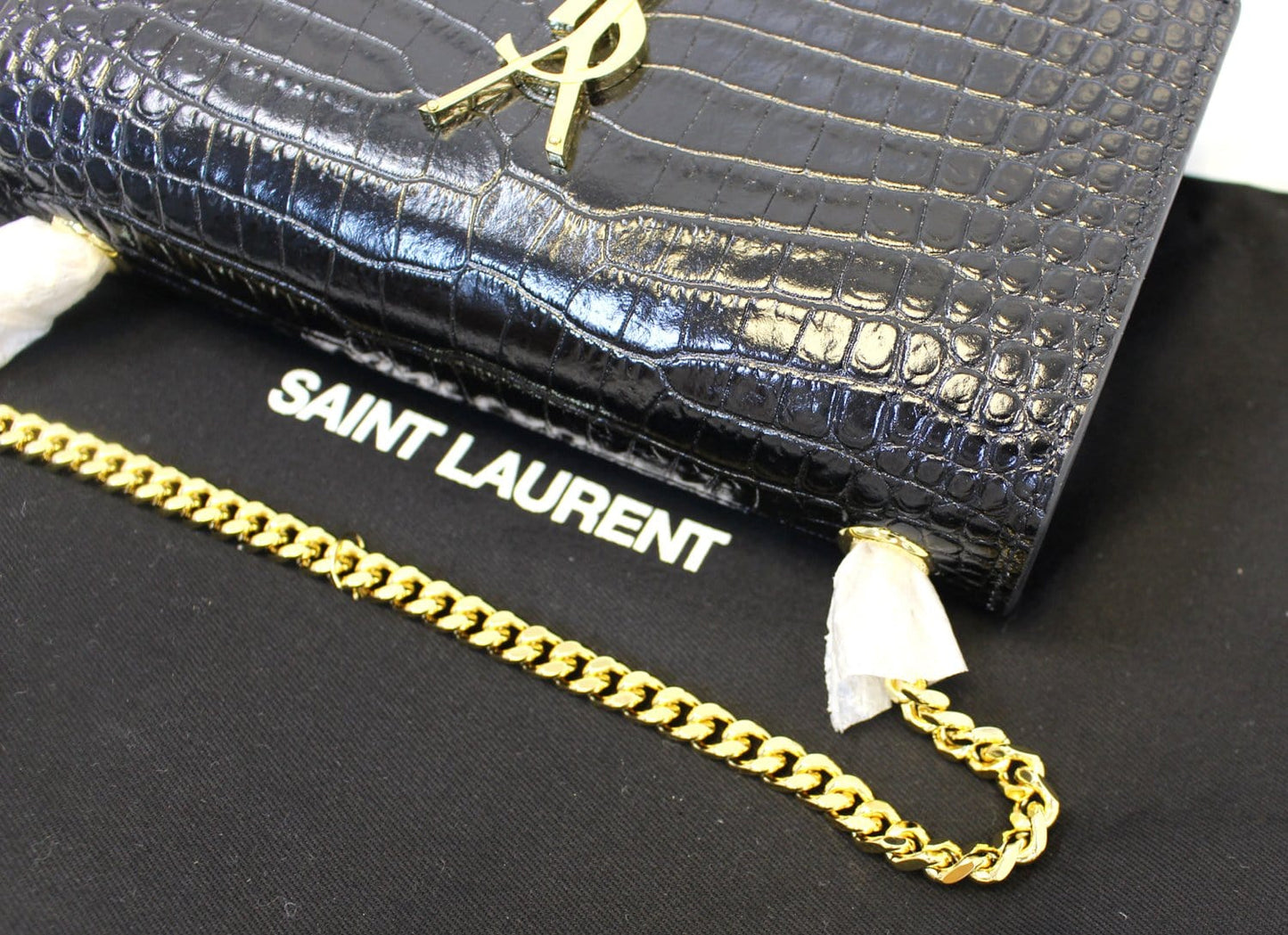 YSL Saint Laurent Yves Crocodile Clutch Crossbody Bag Leather Black Chain Clutch Bag