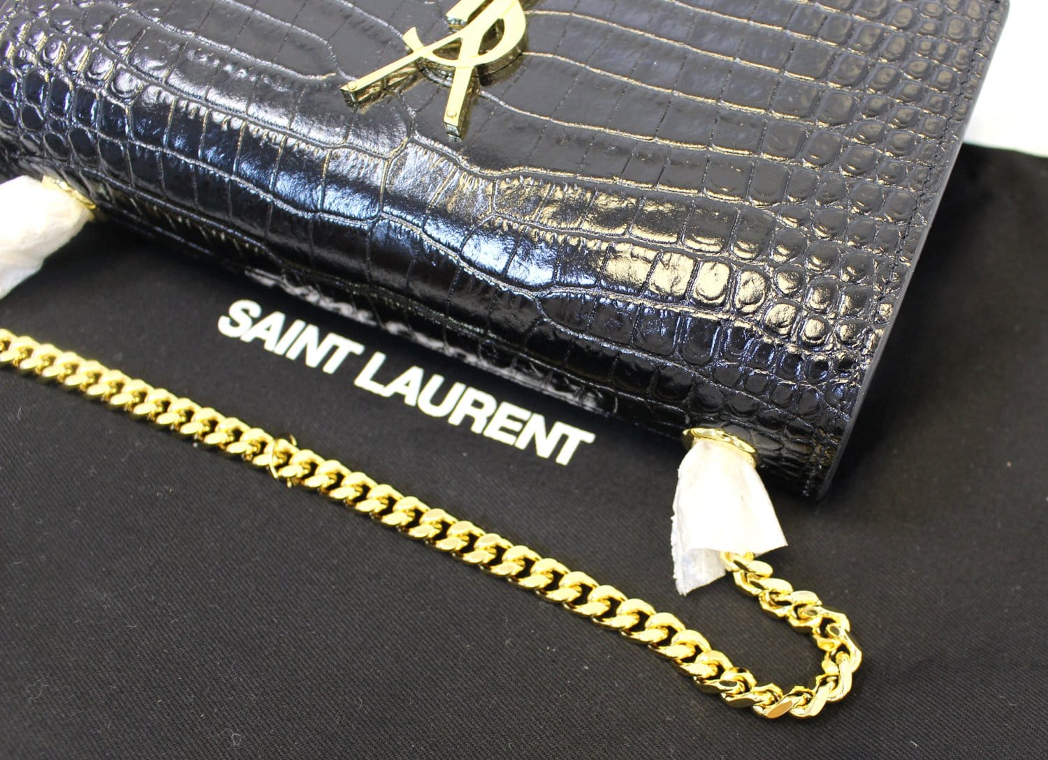 YSL Saint Laurent Yves Crocodile Clutch Crossbody Bag Leather Black Chain Clutch Bag
