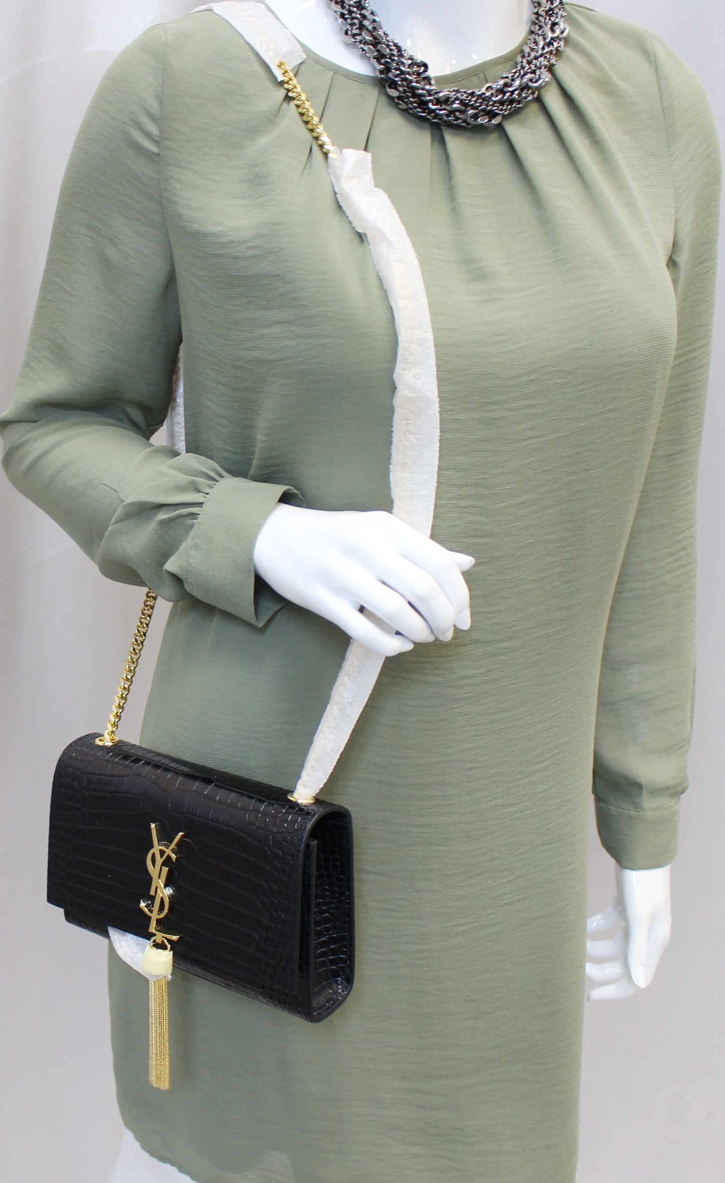 YSL Saint Laurent Yves Crocodile Clutch Crossbody Bag Leather Black Chain Clutch Bag