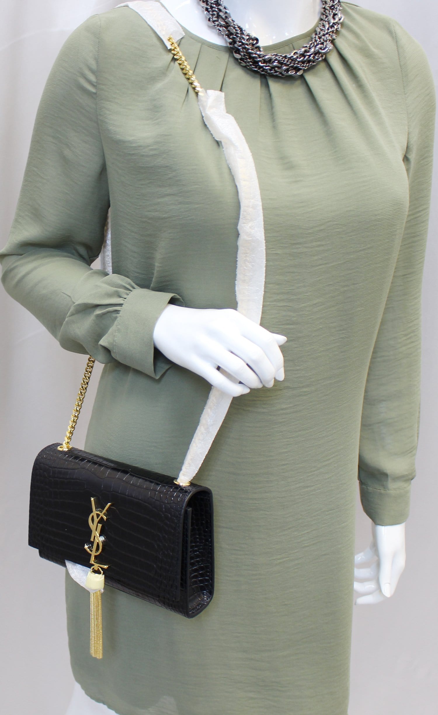 YSL Saint Laurent Yves Crocodile Clutch Crossbody Bag Leather Black Chain Clutch Bag
