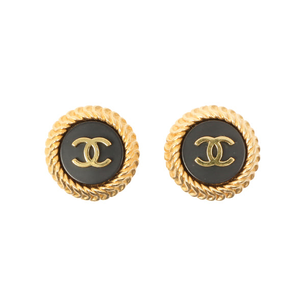 Chanel 1995 Made Round Edge Design Cc Mark Earrings Black