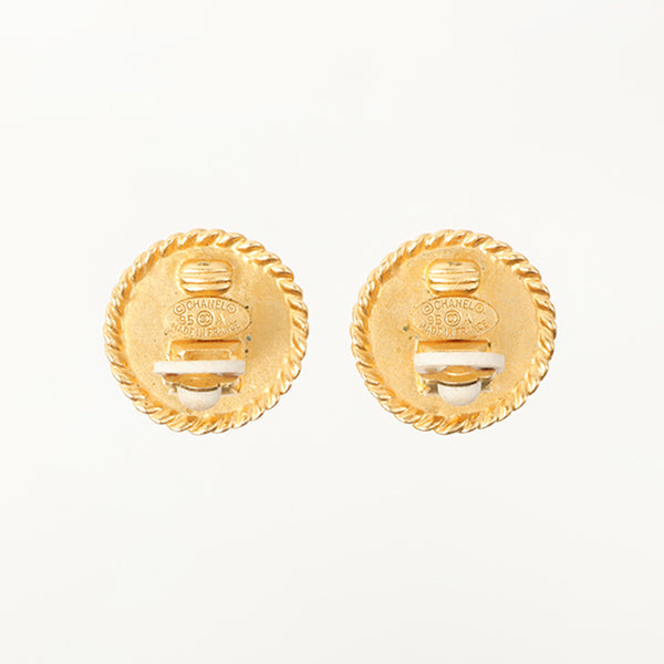 Chanel 1995 Made Round Edge Design Cc Mark Earrings Black
