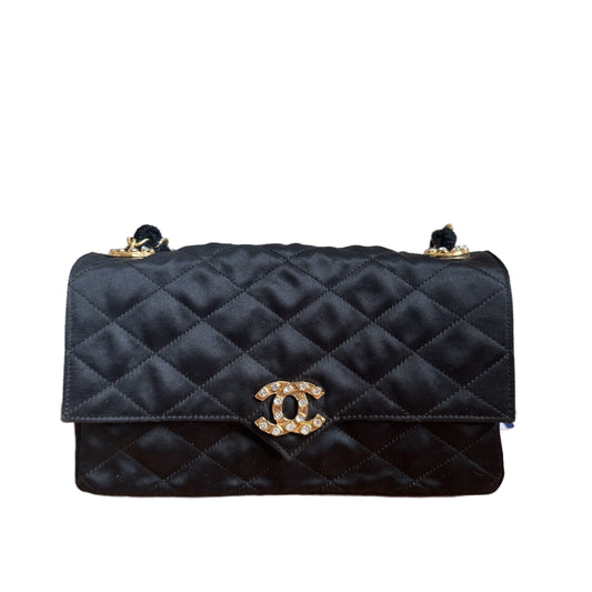 Chanel Classic Flap Silk Satin Gem CC Black Silver Crossbody Bag