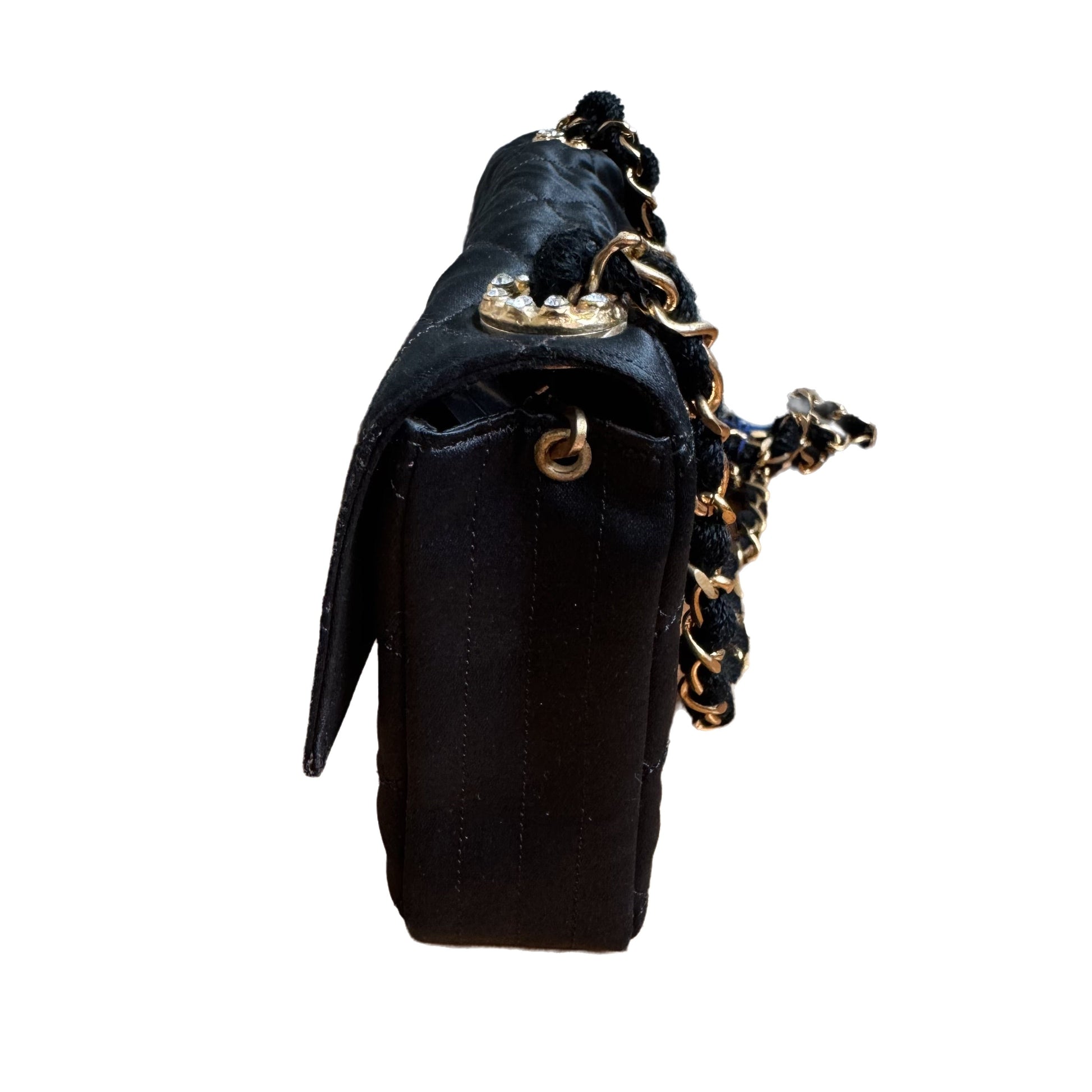 Chanel Classic Flap Silk Satin Gem CC Black Silver Crossbody Bag