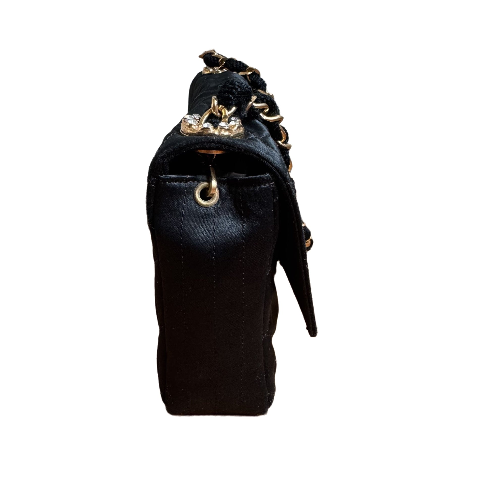 Chanel Classic Flap Silk Satin Gem CC Black Silver Crossbody Bag