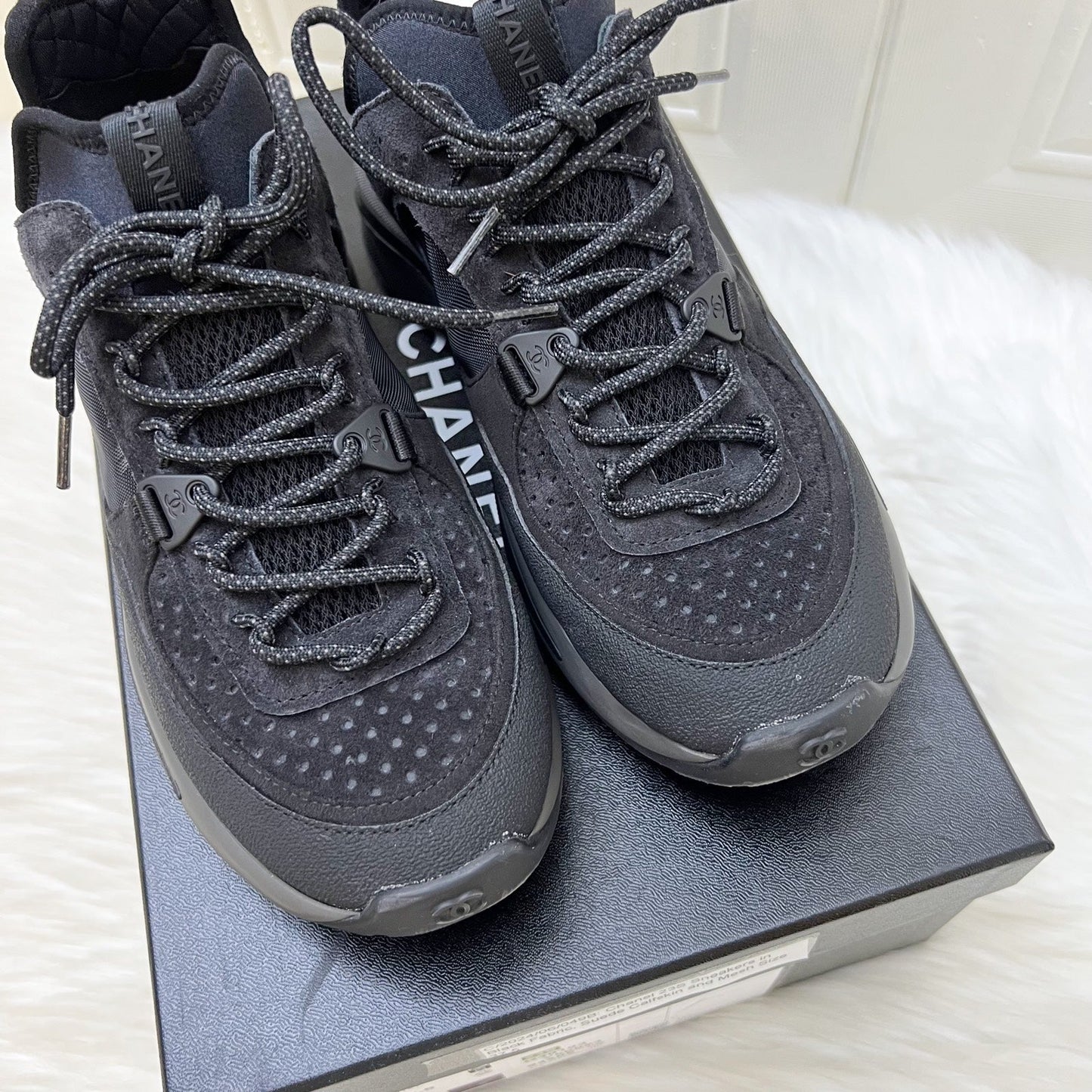 Chanel 23S Cc Logo Sneakers In Black Fabric, Suede Calfskin And Mesh Size 37.5