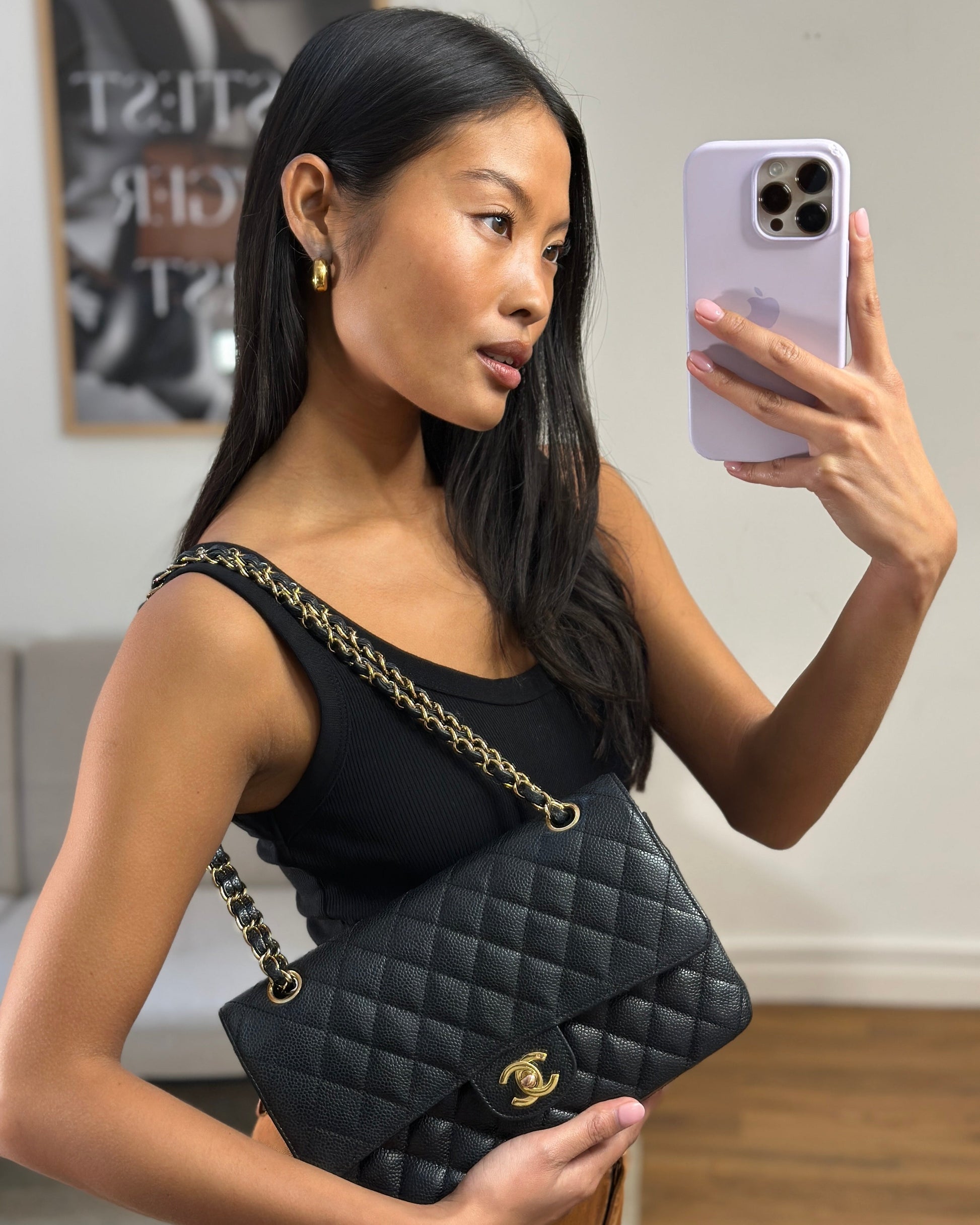 Chanel Black Medium Classic Double Flap Bag In Caviar Leather With 24K Gold Hardware