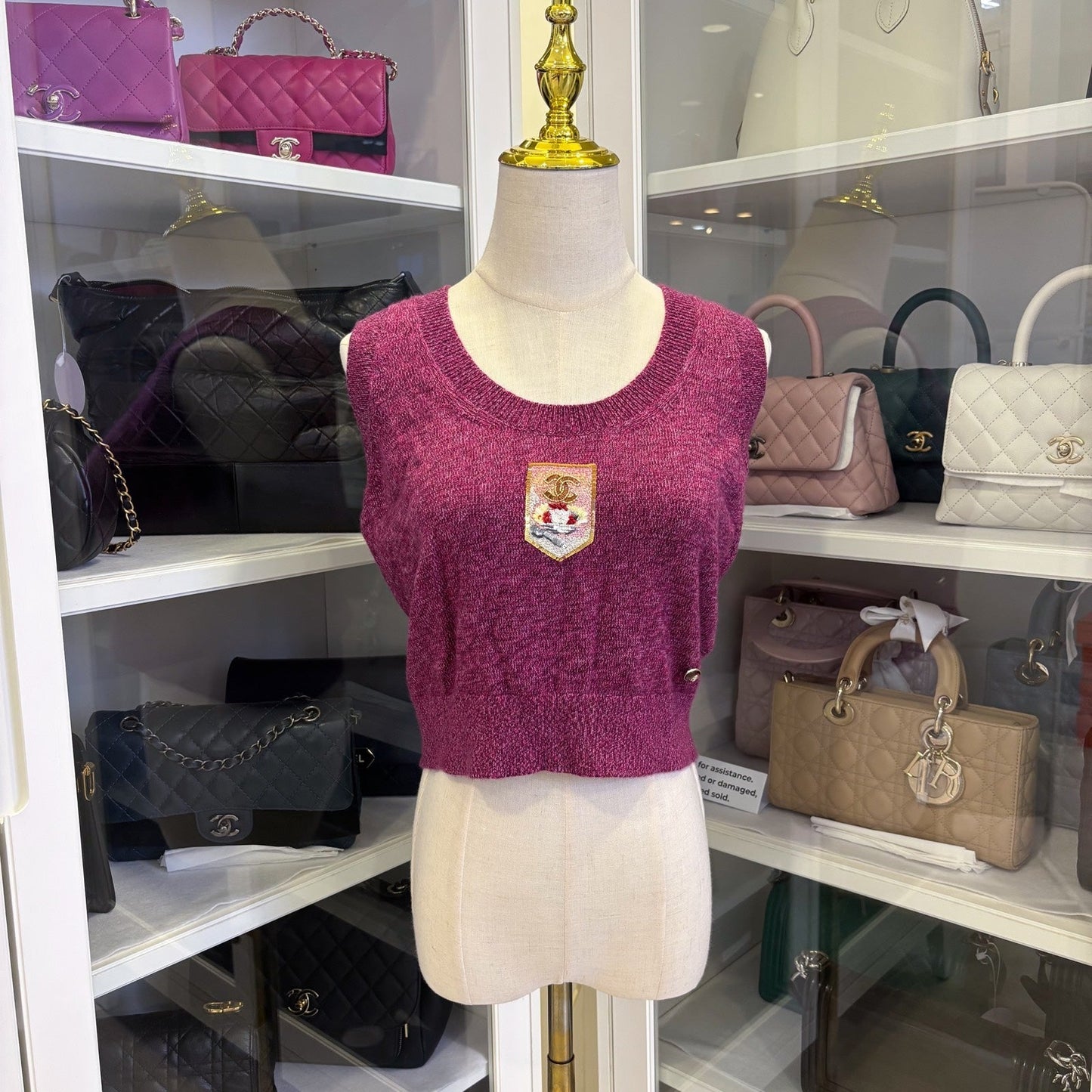 Chanel 24A Seasonal Vest With Embroidered Cc Logo Crest In Dark Mauve Cashmere Sz 36 Bag