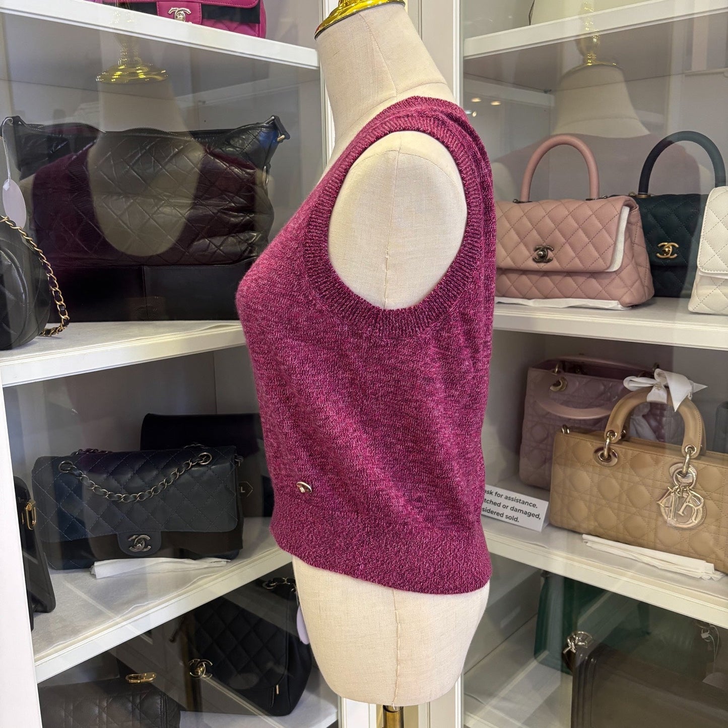 Chanel 24A Seasonal Vest With Embroidered Cc Logo Crest In Dark Mauve Cashmere Sz 36 Bag