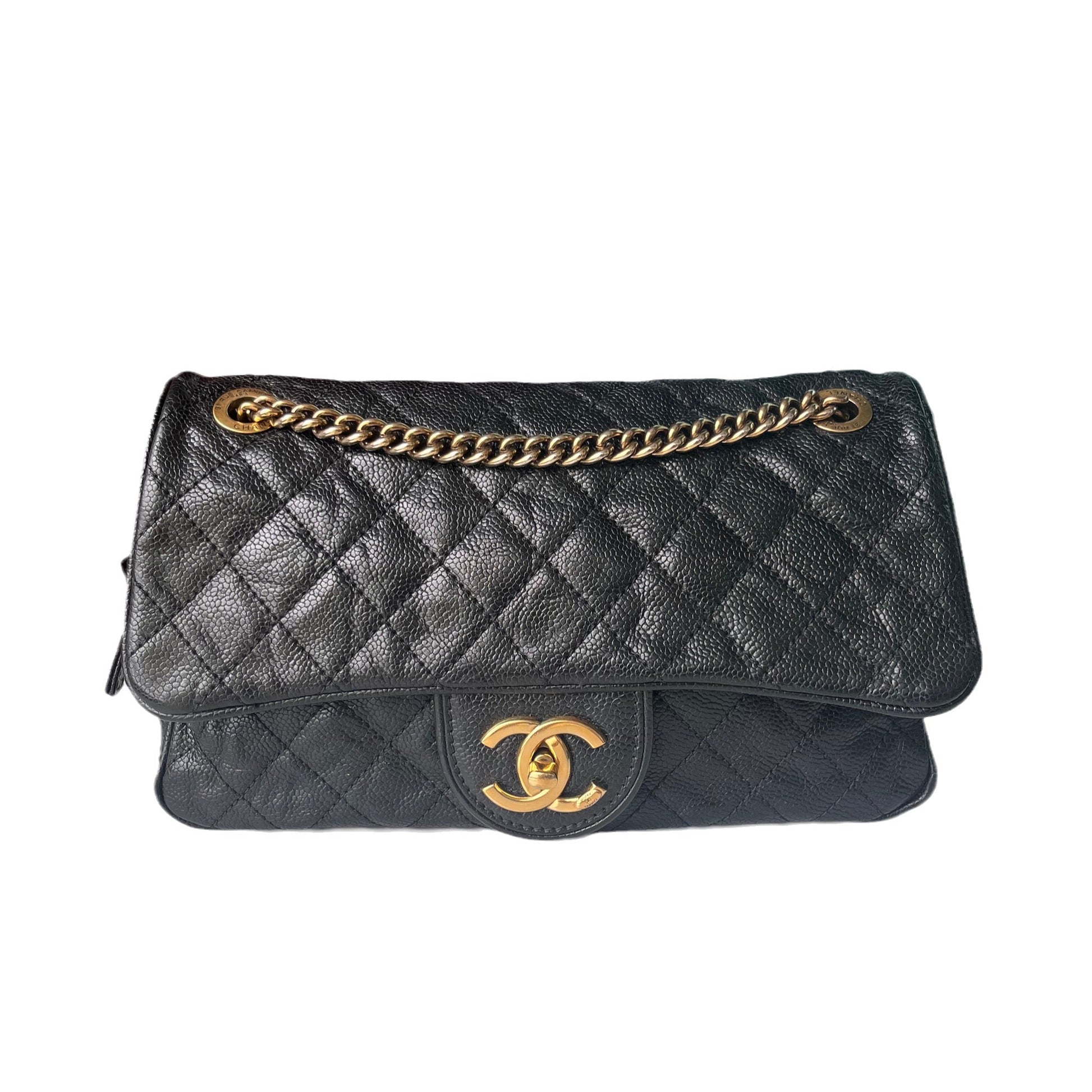 Chanel Shiva Flap Distressed Caviar Black Gold Shoulder Bag