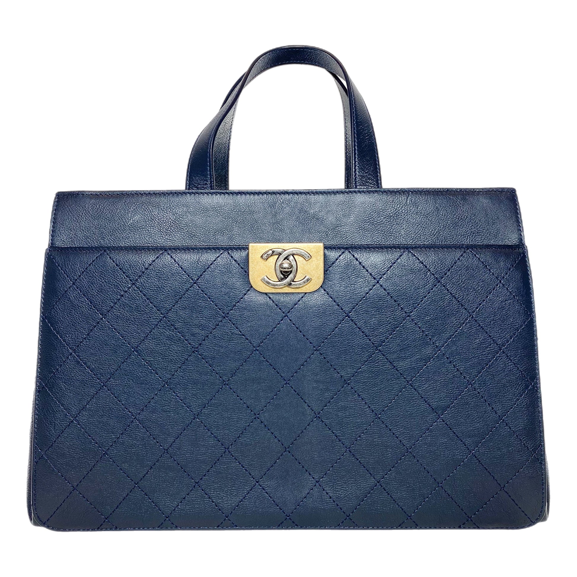 Chanel Large Navy Stitched Straight Lines Shopping Tote