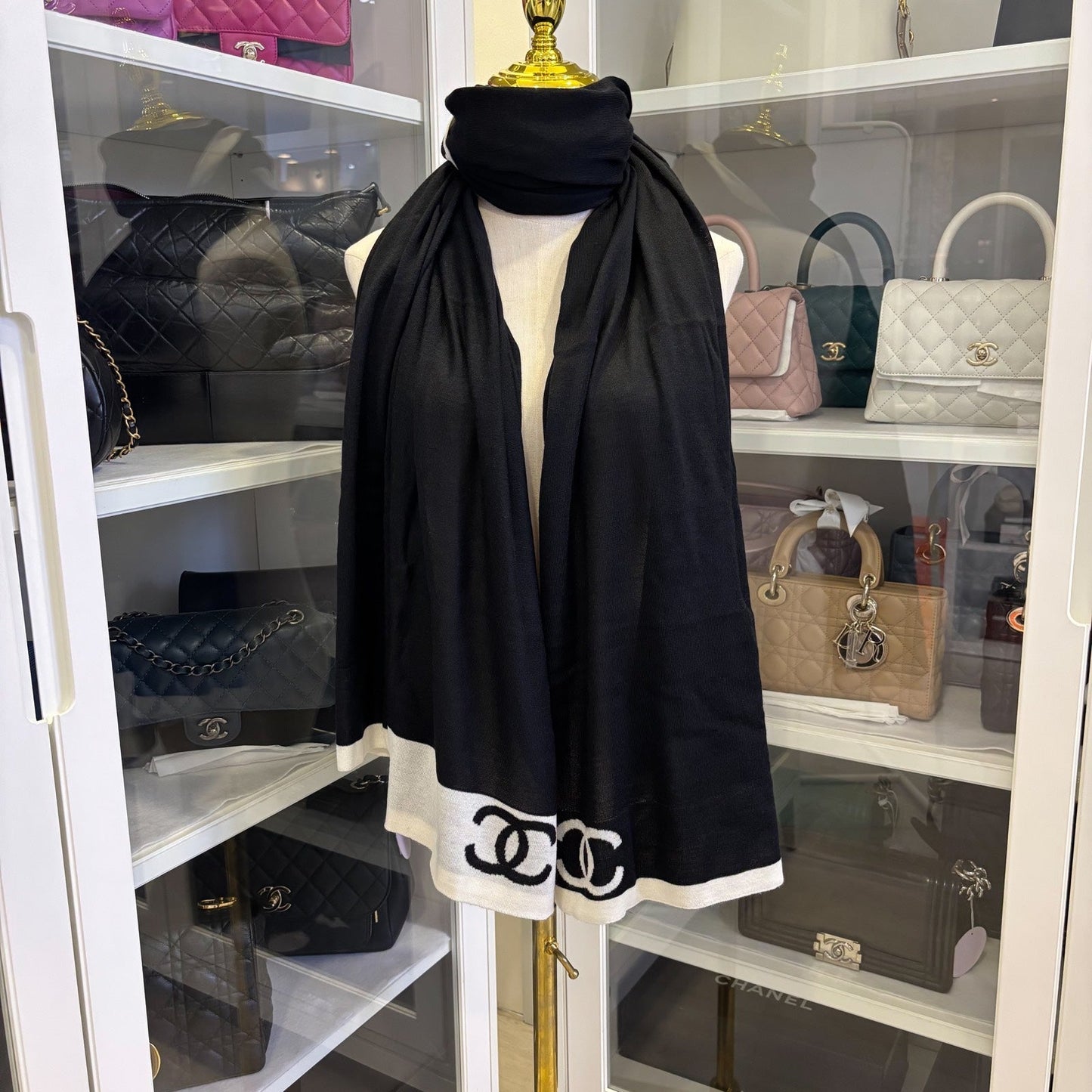Chanel 4 Piece Travel Set with Pouch,shawl,socks and Eye Shield in Black and White Cashmere / Wool / Silk Handbag
