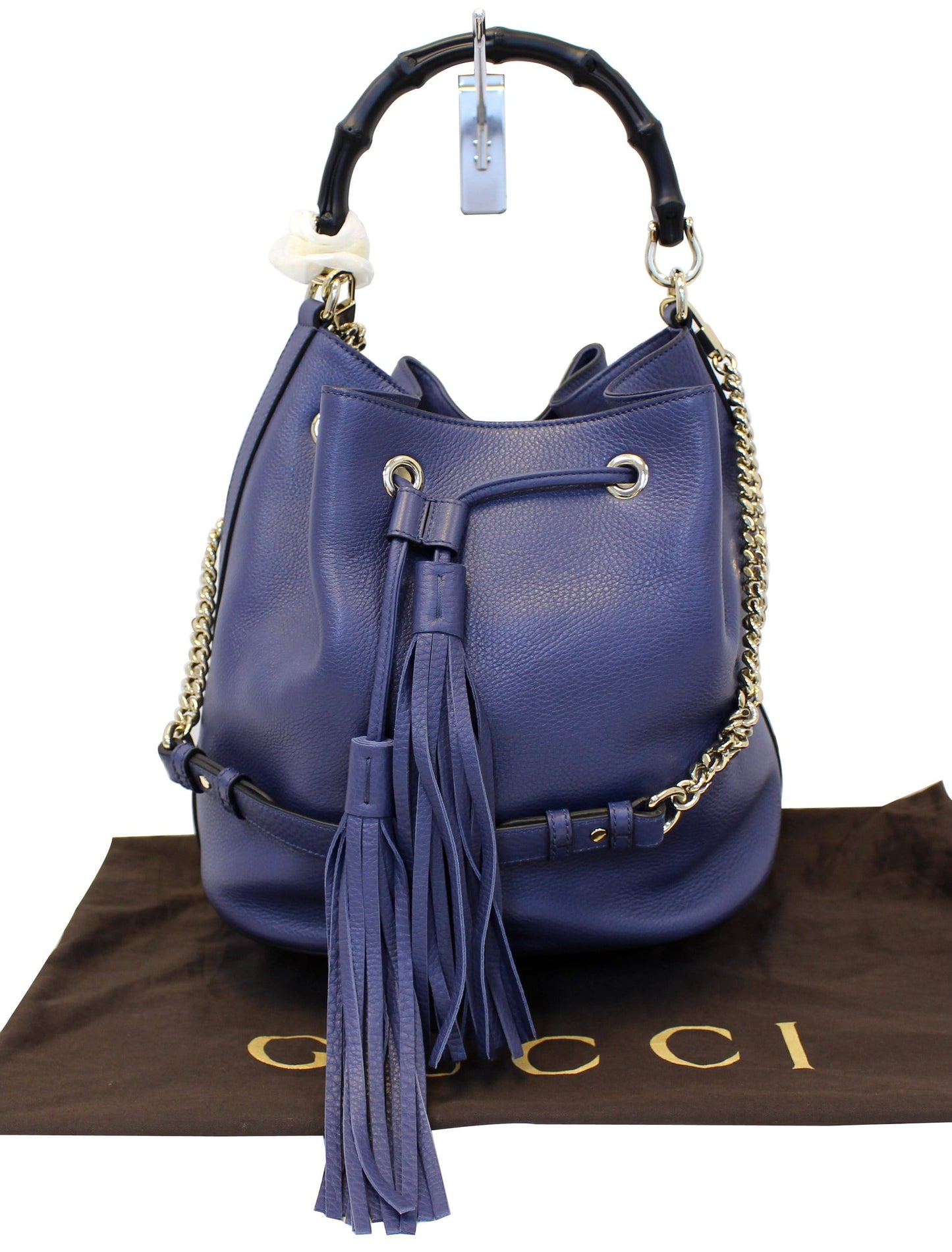 Gucci Miss Bamboo Bucket Shoulder Handbag Leather Blue Shoulder Bag