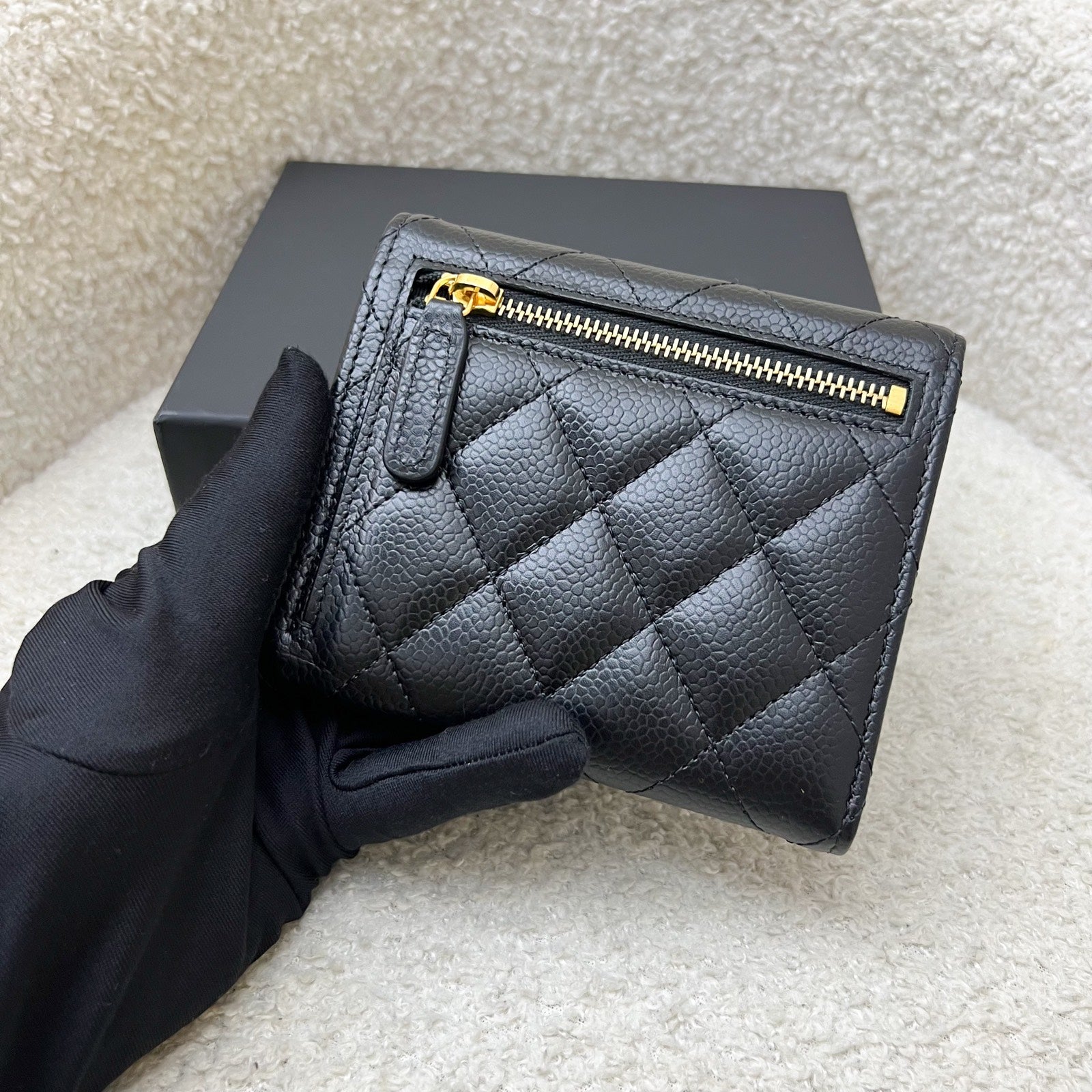 Chanel Classic Trifold Compact Wallet in Black Caviar and Ghw Handbag