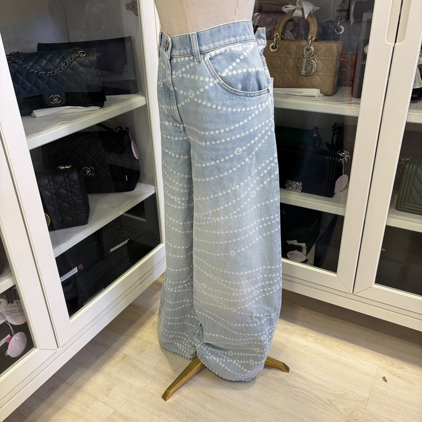 Chanel Washed Light Denim Jeans with Pearl Chain Print in Size 38