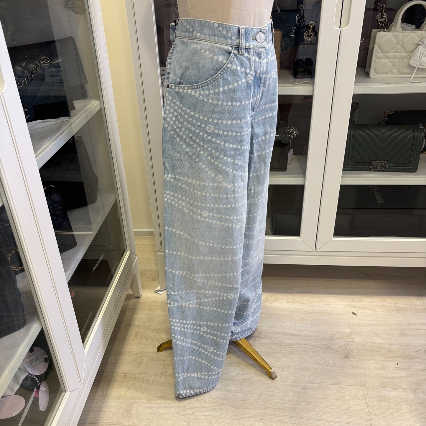 Chanel Washed Light Denim Jeans with Pearl Chain Print in Size 38