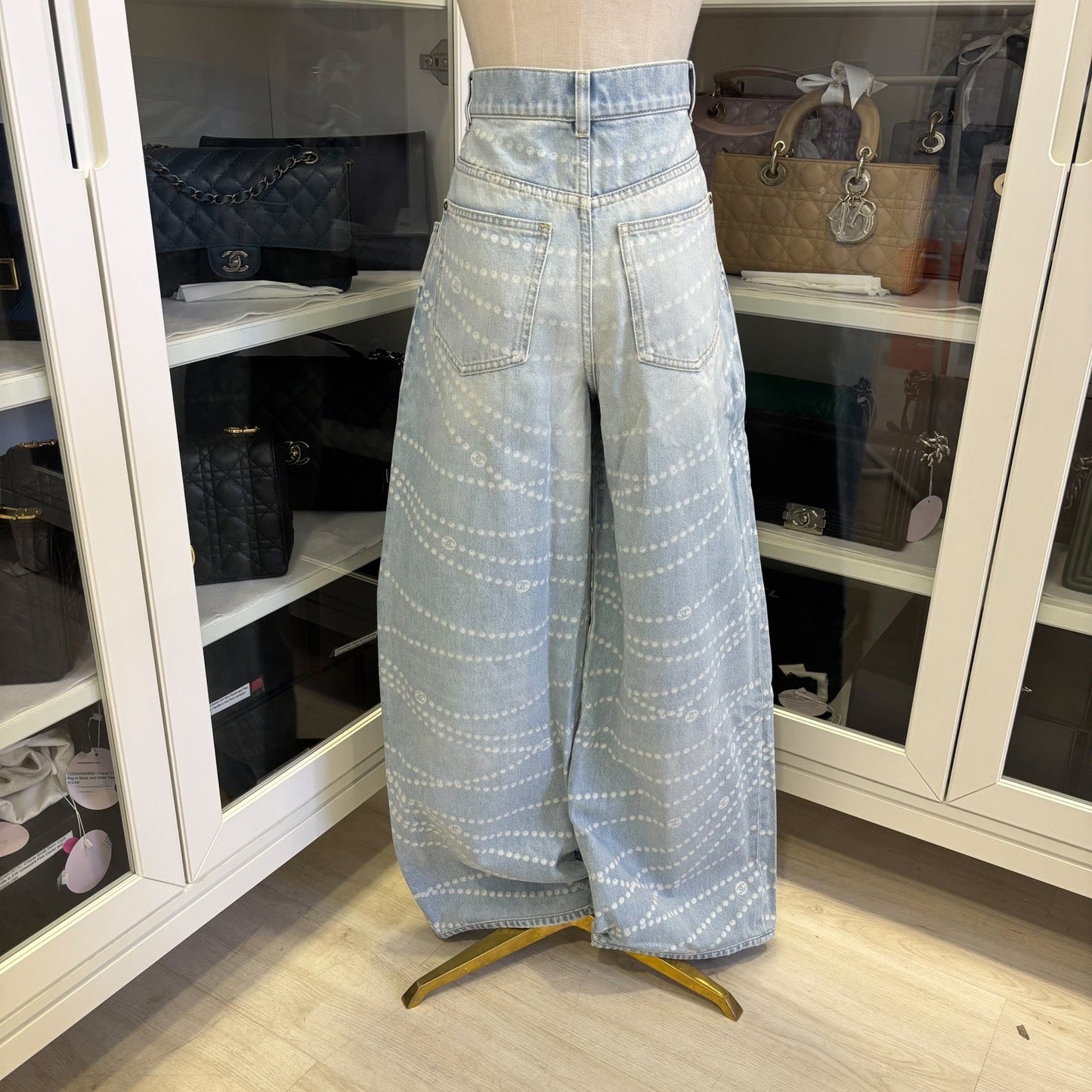Chanel Washed Light Denim Jeans with Pearl Chain Print in Size 38