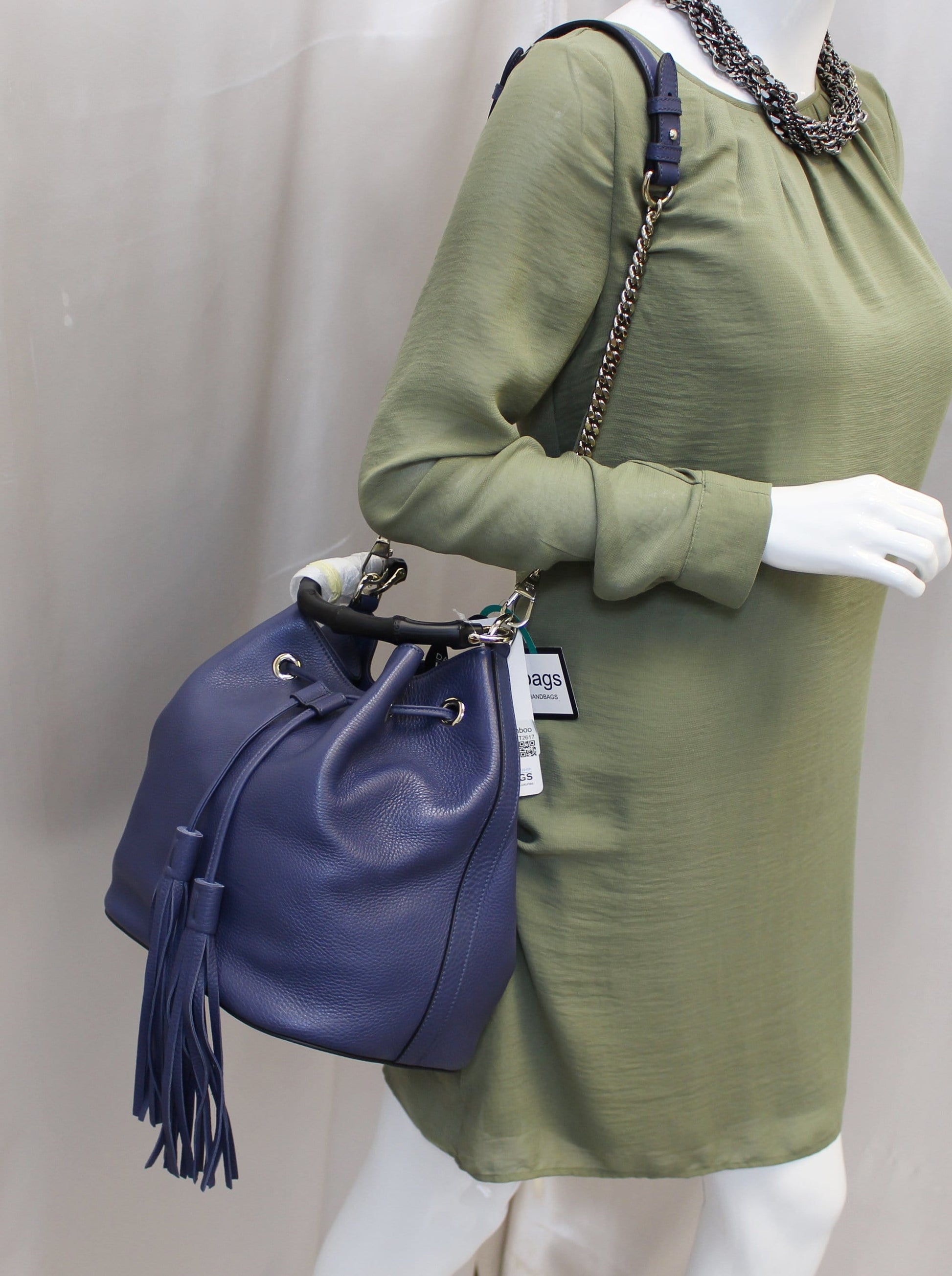 Gucci Miss Bamboo Bucket Shoulder Handbag Leather Blue Shoulder Bag