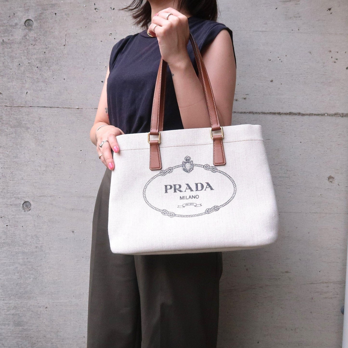 Prada Prada Logo Canvas Linen Leather Tote Bag Ivory