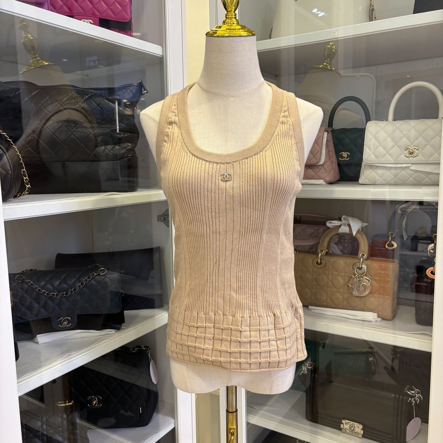 Chanel 25P Tank Top with CC Logo in Dark Beige Cotton Sz 40 Handbag