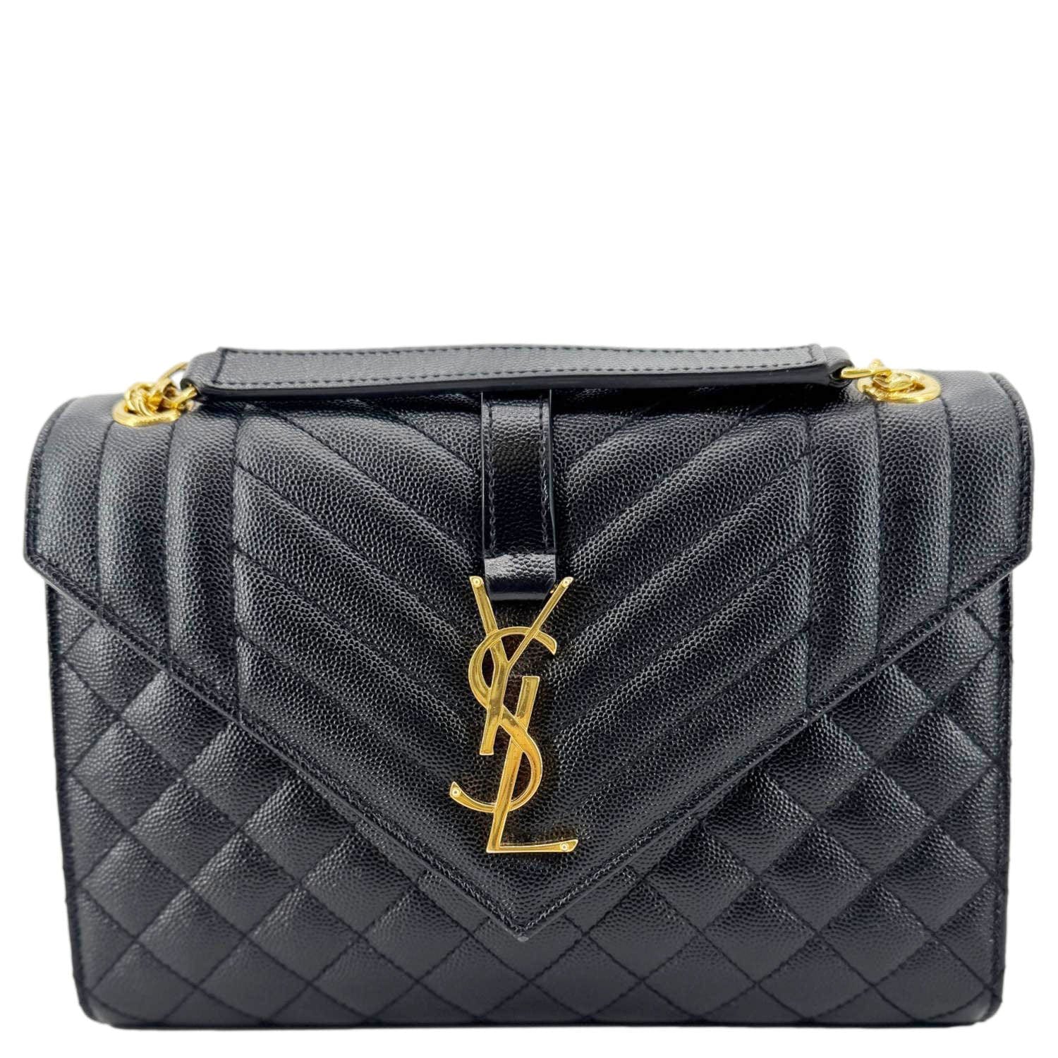 YSL Saint Laurent Yves Envelope Caviar Shoulder Bag Leather Quilted Black