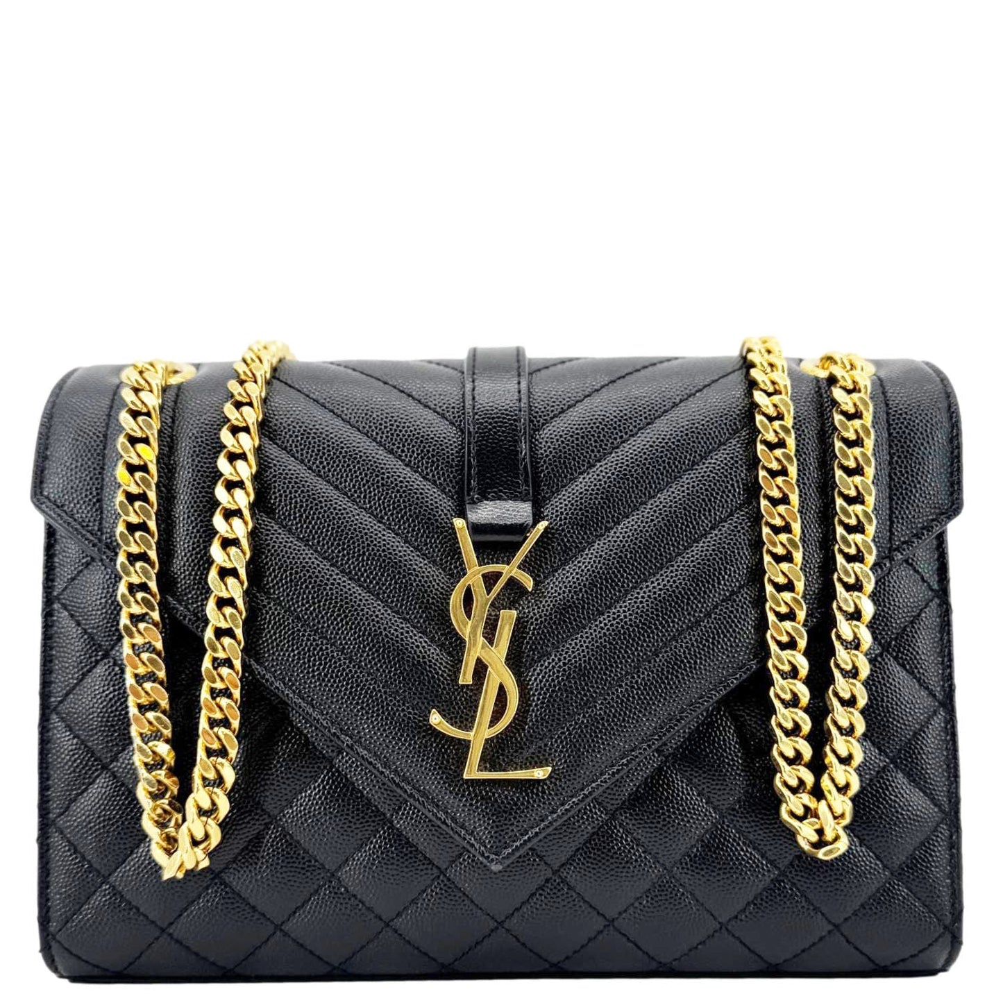 YSL Saint Laurent Yves Envelope Caviar Shoulder Bag Leather Quilted Black