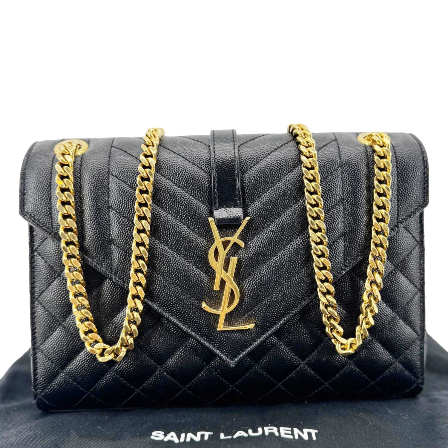 YSL Saint Laurent Yves Envelope Caviar Shoulder Bag Leather Quilted Black